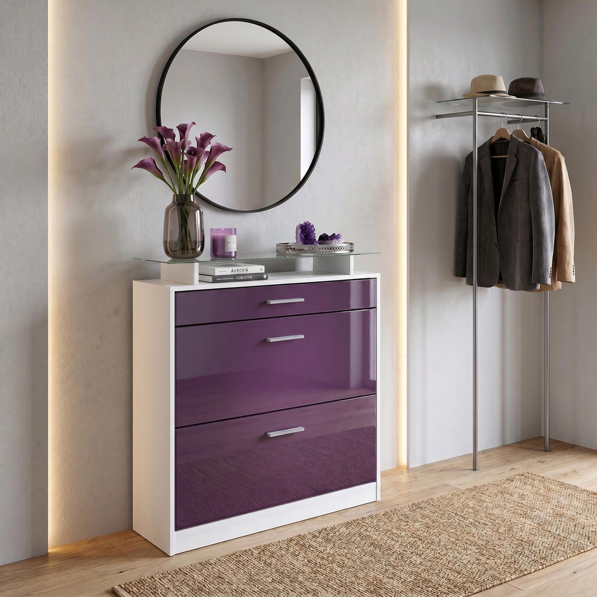 SCHUHSCHRANK Loret Front in Brombeer Hochglanz - Brombeere, Holzwerkstoff (89/104/23cm) - Vladon