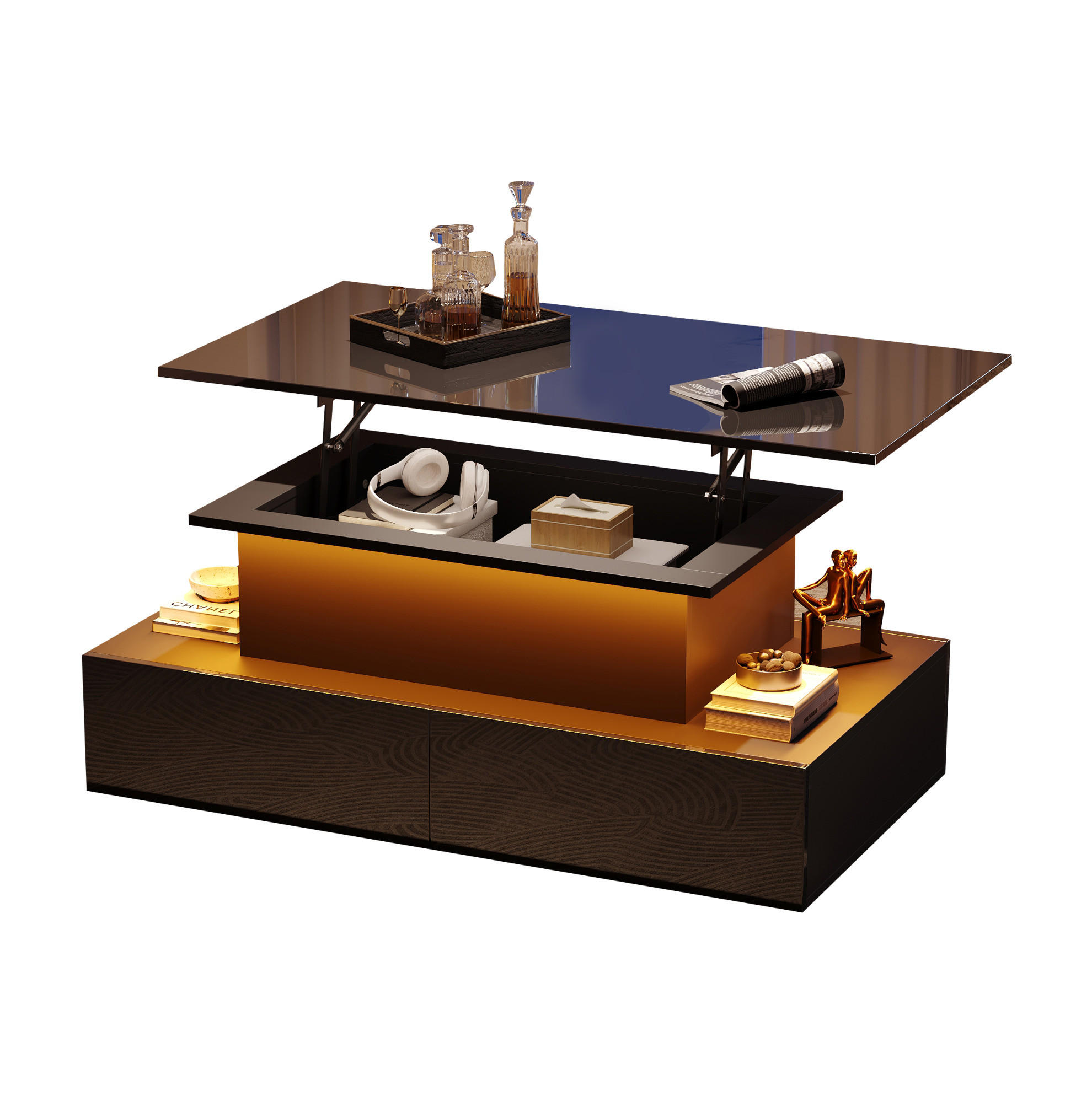 COUCHTISCH 90/55/41 cm schwarz aus Holzwerkstoff mit LED-Beleuchtung und Stauraum - Schwarz, Holzwerkstoff (90/55/41cm) - OKMYHOME