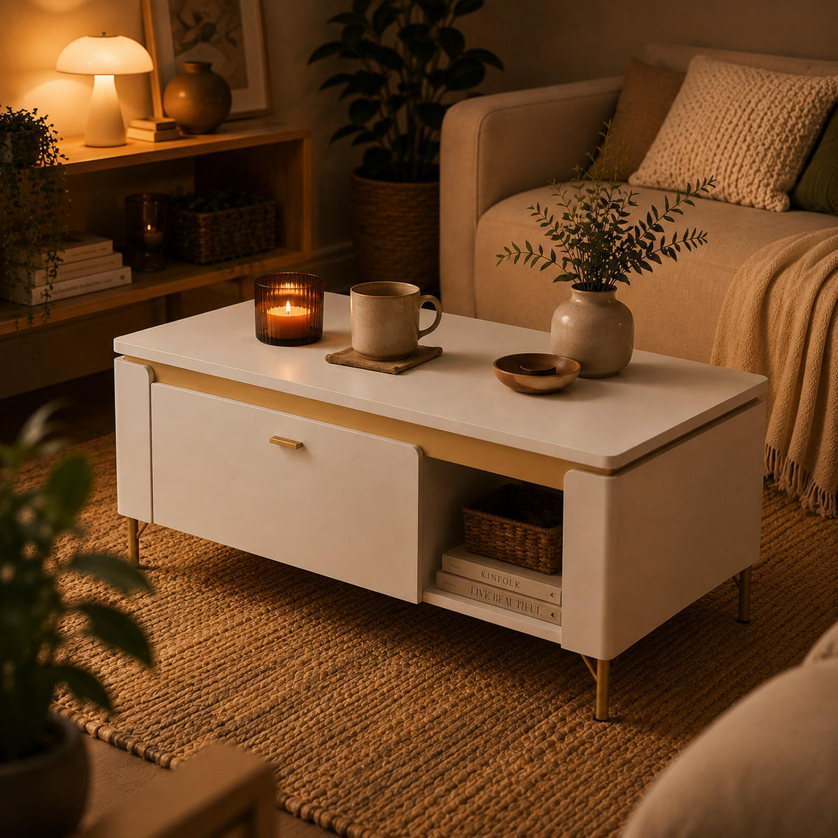 COUCHTISCH rechteckig Weiß matt - Gold mit Staufach und Ablage - Goldfarben/Weiß, Holzwerkstoff (65/110/46cm) - designimpex