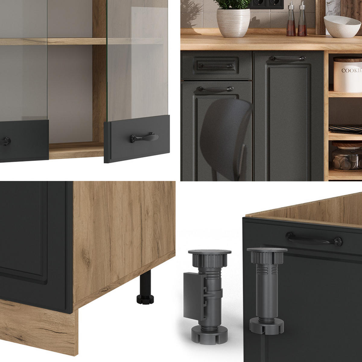 KÜCHENZEILE R-Line Anthrazit Landhaus/Goldkraft Eiche 240 cm , AP Marmor - Dunkelgrau/Anthrazit, Holzwerkstoff (240/81.6/60cm) - Vicco