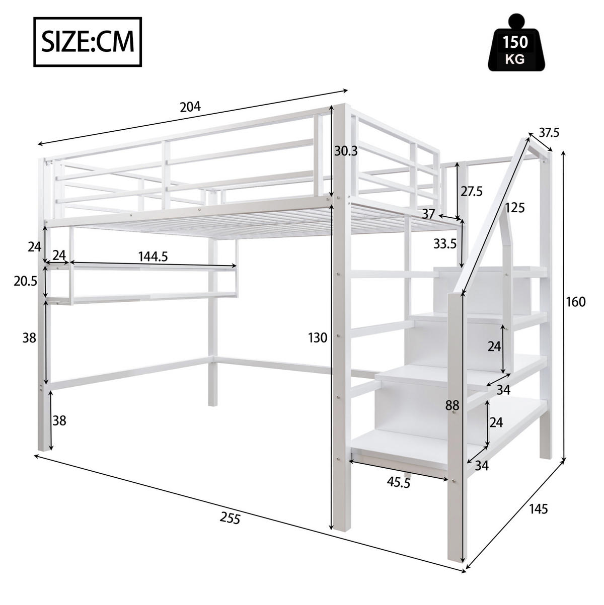 HOCHBETT 140/200 cm in Weiß – mit Stauraumleiter und Regalfächern - Weiß, Metall (140/200cm) - BEAOK