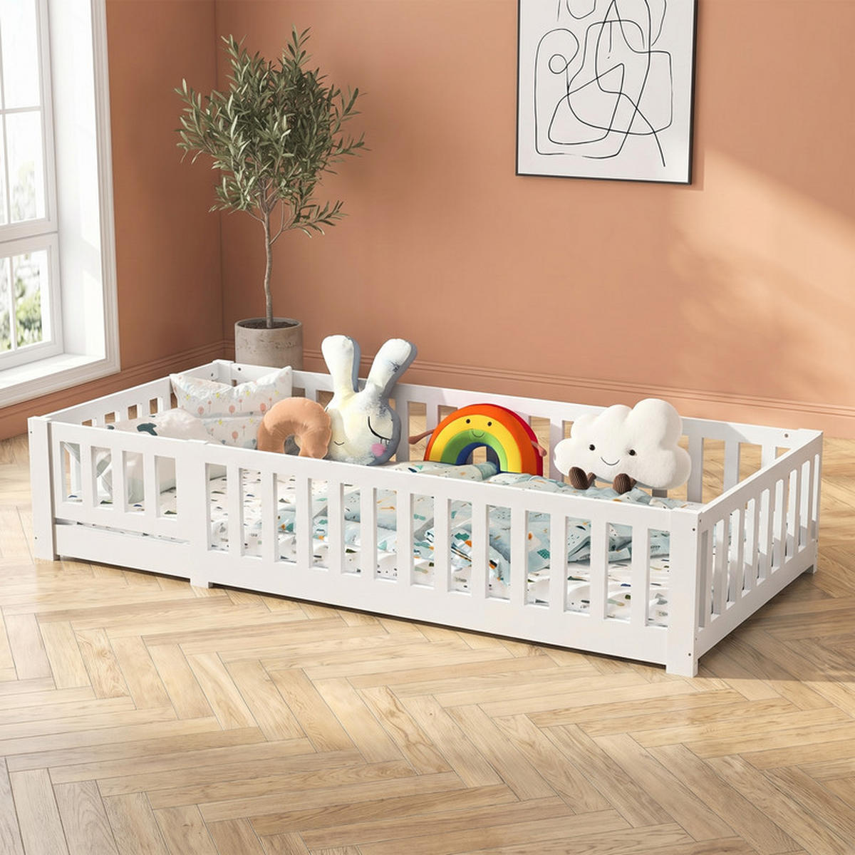 KINDERBETT 90/200 cm weiß mit Schutzgitter - Weiß, Holz