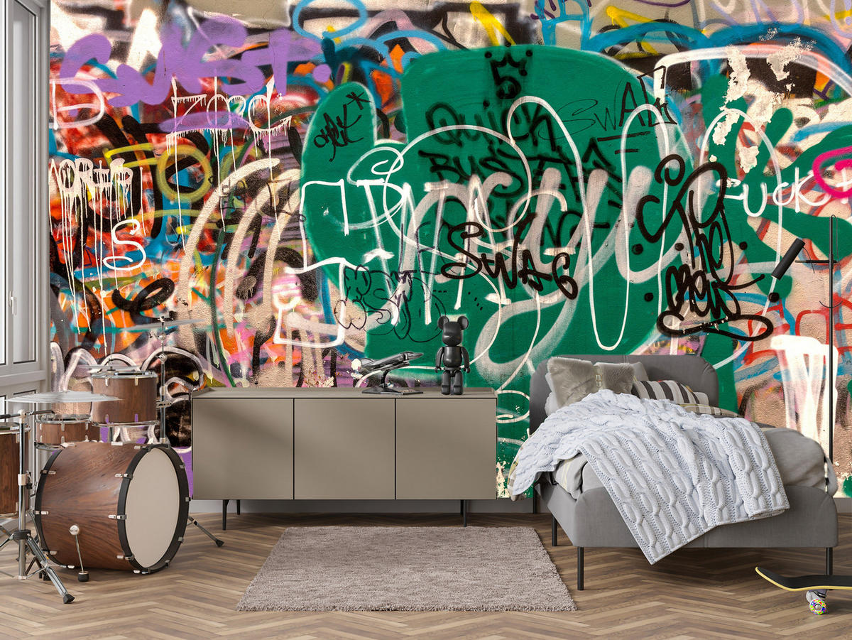 FOTOTAPETE für Jugendzimmer Straßenkunst Buntes Graffiti Urban 200x140 - Beige/Violett, Papier (200/140cm) - Muralo