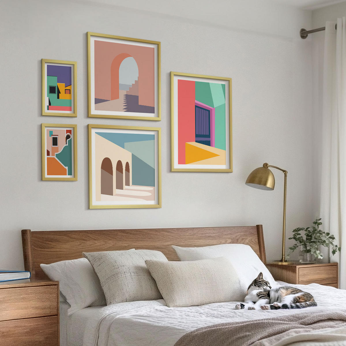 BILDER SET 5er Set - 50x50 cm & 20x30 cm & 40x60 cm Goldrahmen - Farbenfrohe Illustrationen der Stadt - Goldfarben, Kunststoff (40/60cm) - TULUP
