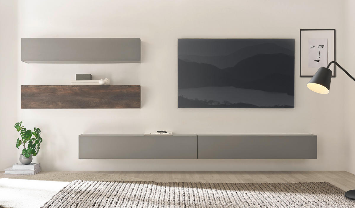 WOHNWAND Thermo Eiche, grau, Wohnkombination 4-teilig mit Soft-Close 327 cm - Eichefarben/Grau, Holzwerkstoff (327/170/45cm) - Furn.Design
