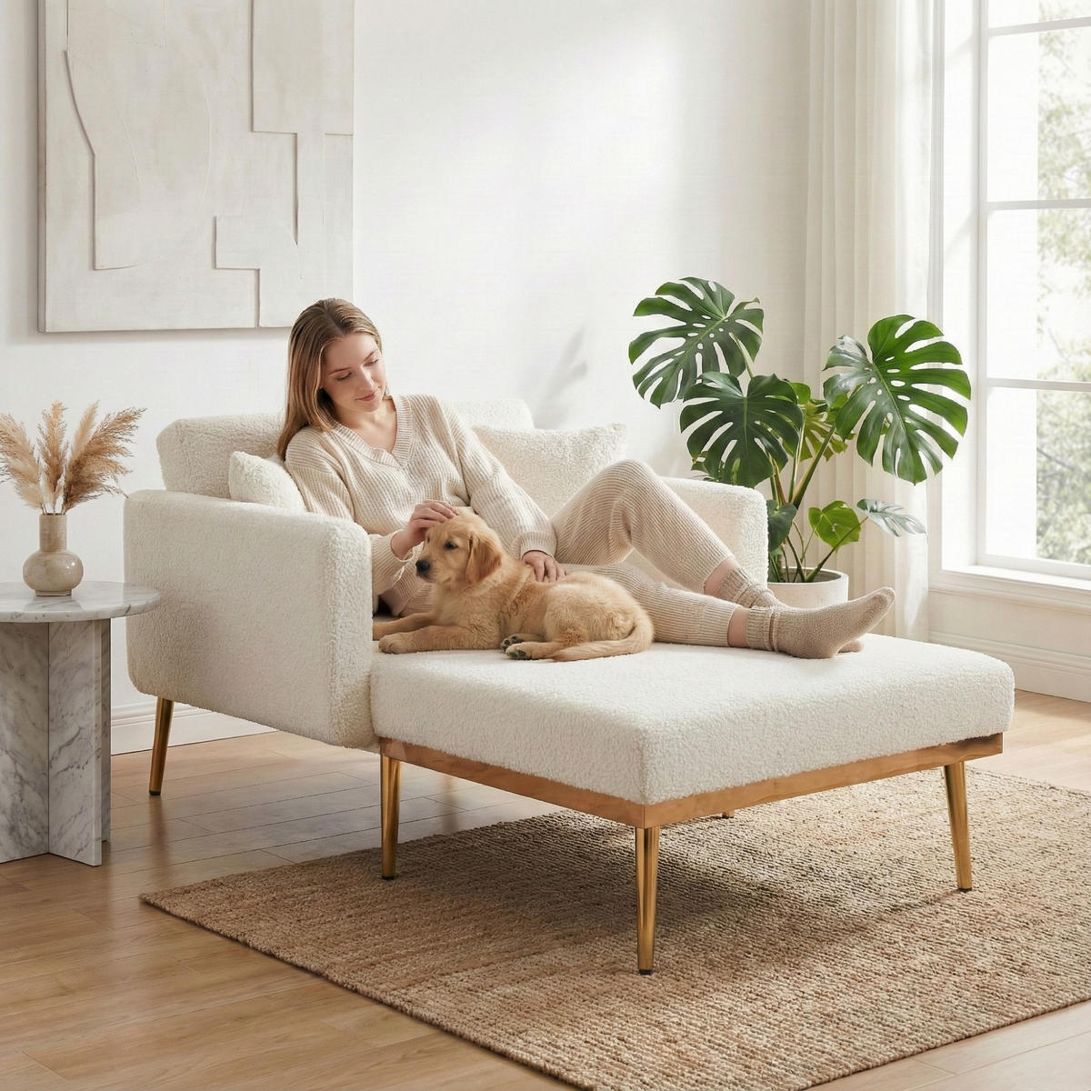 SCHLAFSOFA Zweisitzer,Relaxsessel mit Schlaffunktion,ausziehbar,Teddy,Weiß - Weiß, Textil (90/77/165cm) - LVHOM