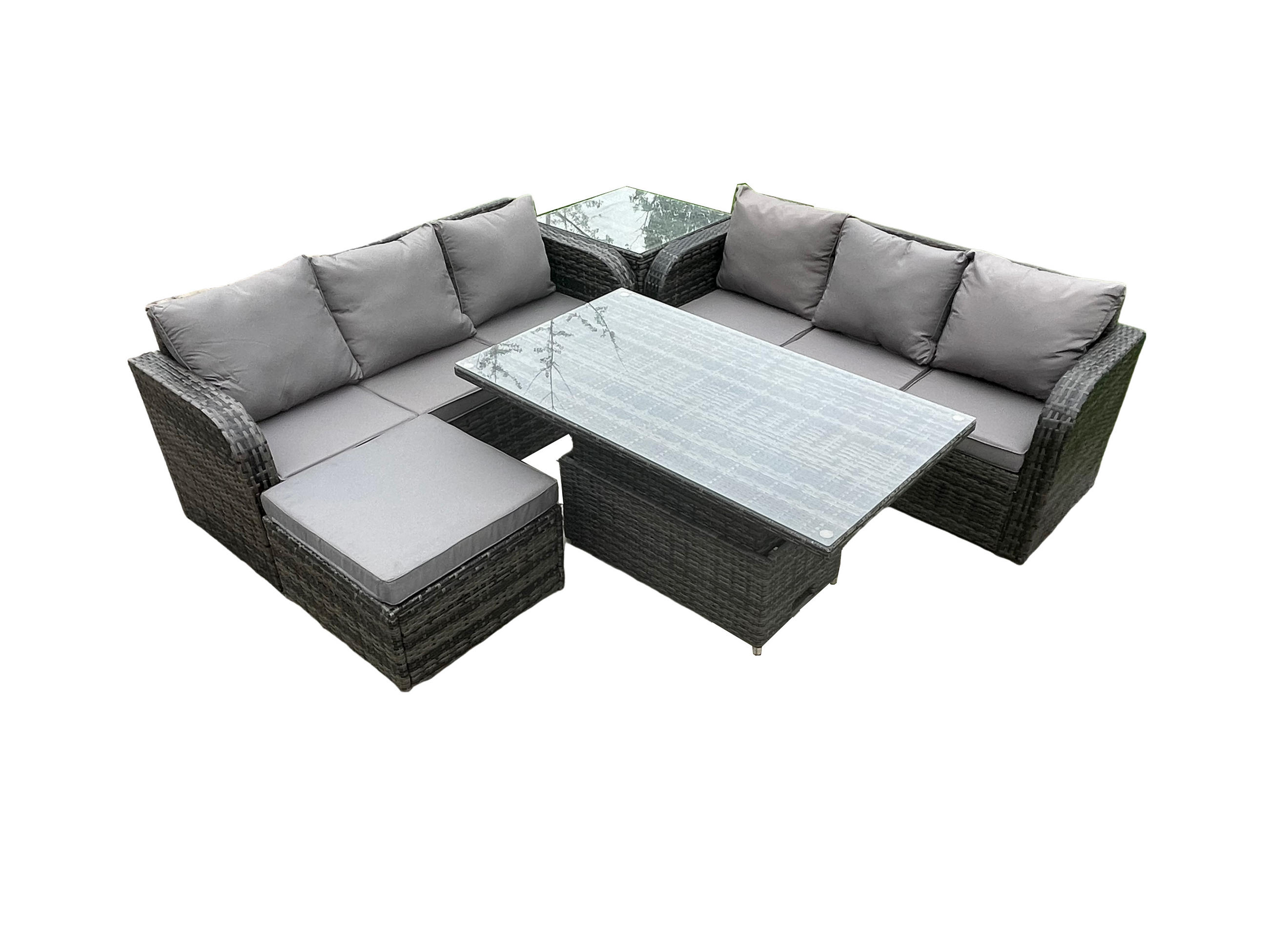 GARTENSOFA SET Polyrattan 7-Sitzer - Dunkelgrau/Grau, Glas/Kunststoff - Fimous