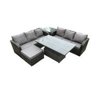GARTENSOFA SET Polyrattan 7-Sitzer - Dunkelgrau/Grau, Glas/Kunststoff - Fimous