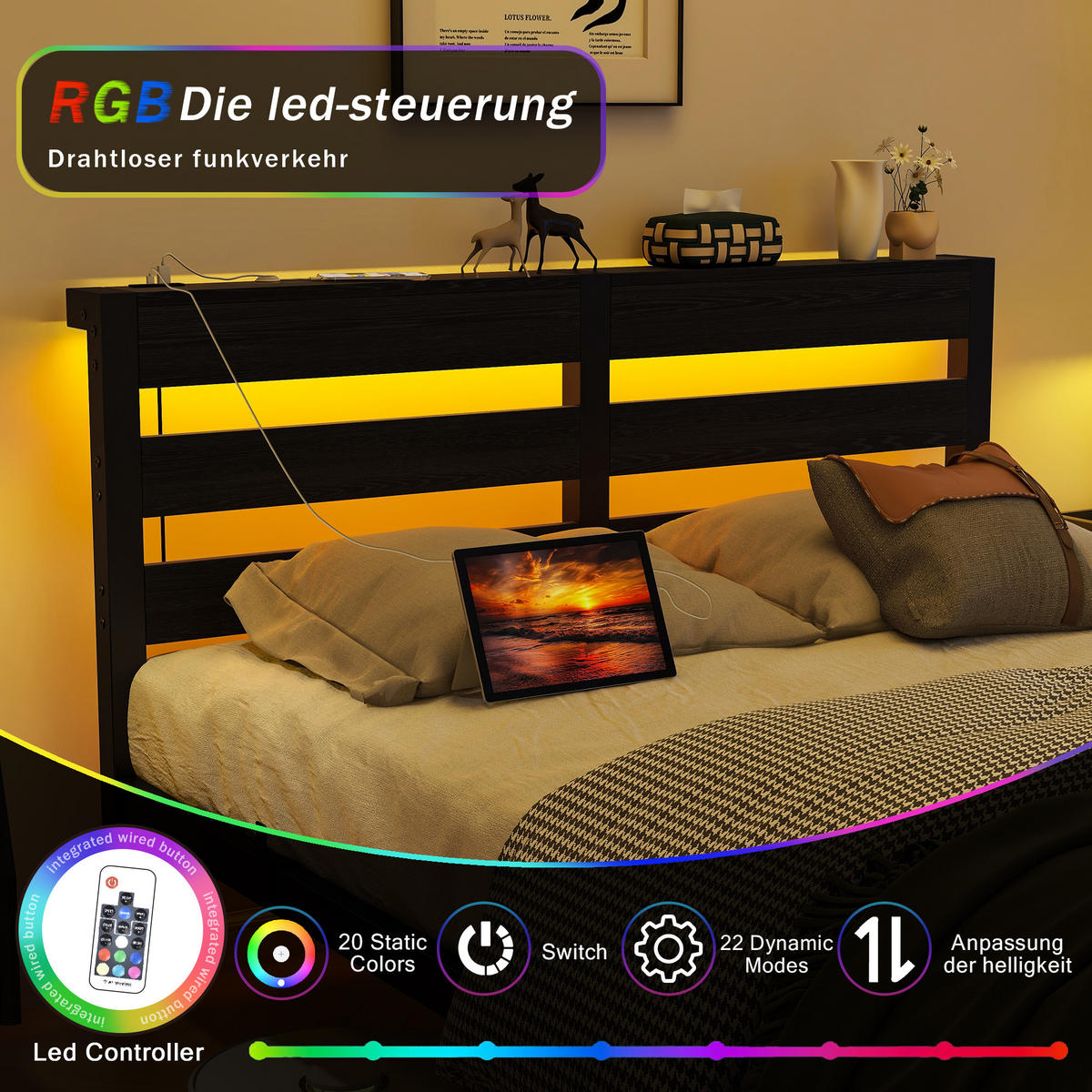 METALLBETT 120x200 cm LED USB Stauraum - Schwarz, Metall (120/200cm) - Fortuna Lai