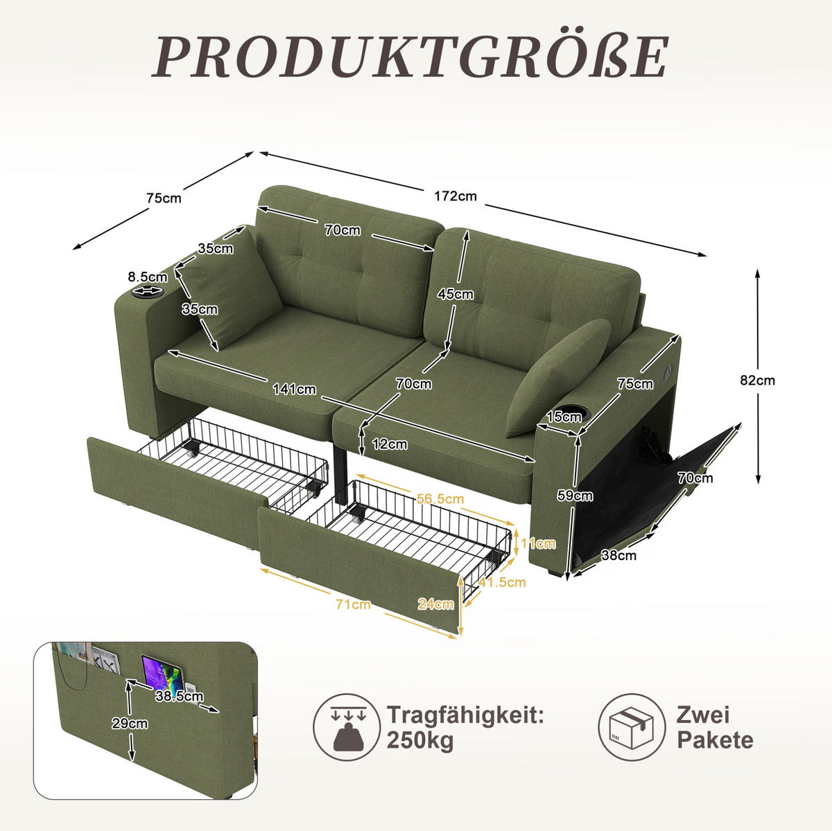 SOFA mit Stauraumschubladen und USB 172 x 75 x 82 cm Chenille Olive - Olivgrün, Holzwerkstoff (172/82/75cm) - Meubliv