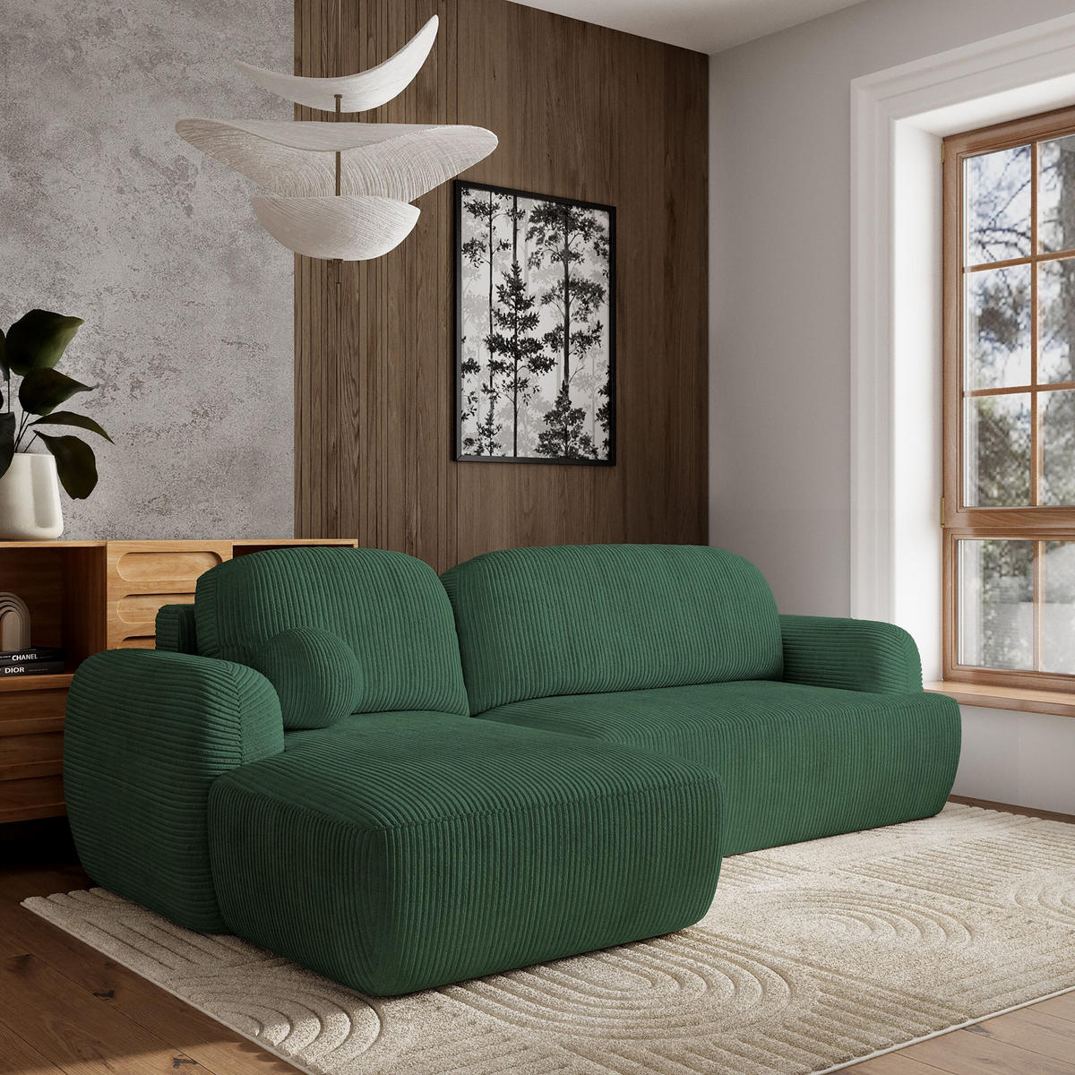 ECKSOFA MODENZA P L-S Grün Kordstoff mit Schlaffunktion - Grün, Holz (266/148cm) - MASSENO