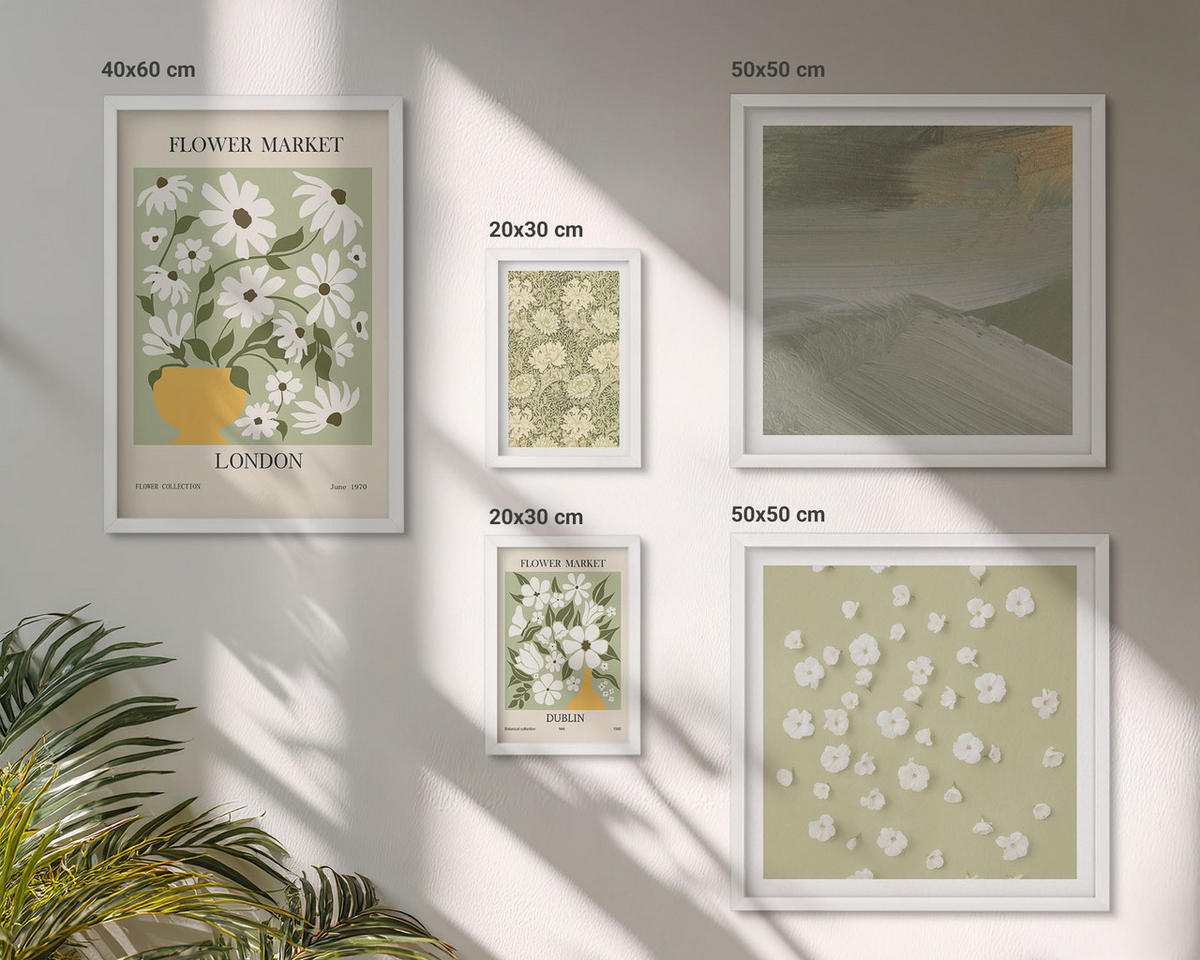BILDER SET 5er Set - 50x50 cm & 20x30 cm & 40x60 cm Weißer Rahmen - Florale Abstraktionen im Boho-Stil - Weiß, Kunststoff (40/60cm) - TULUP