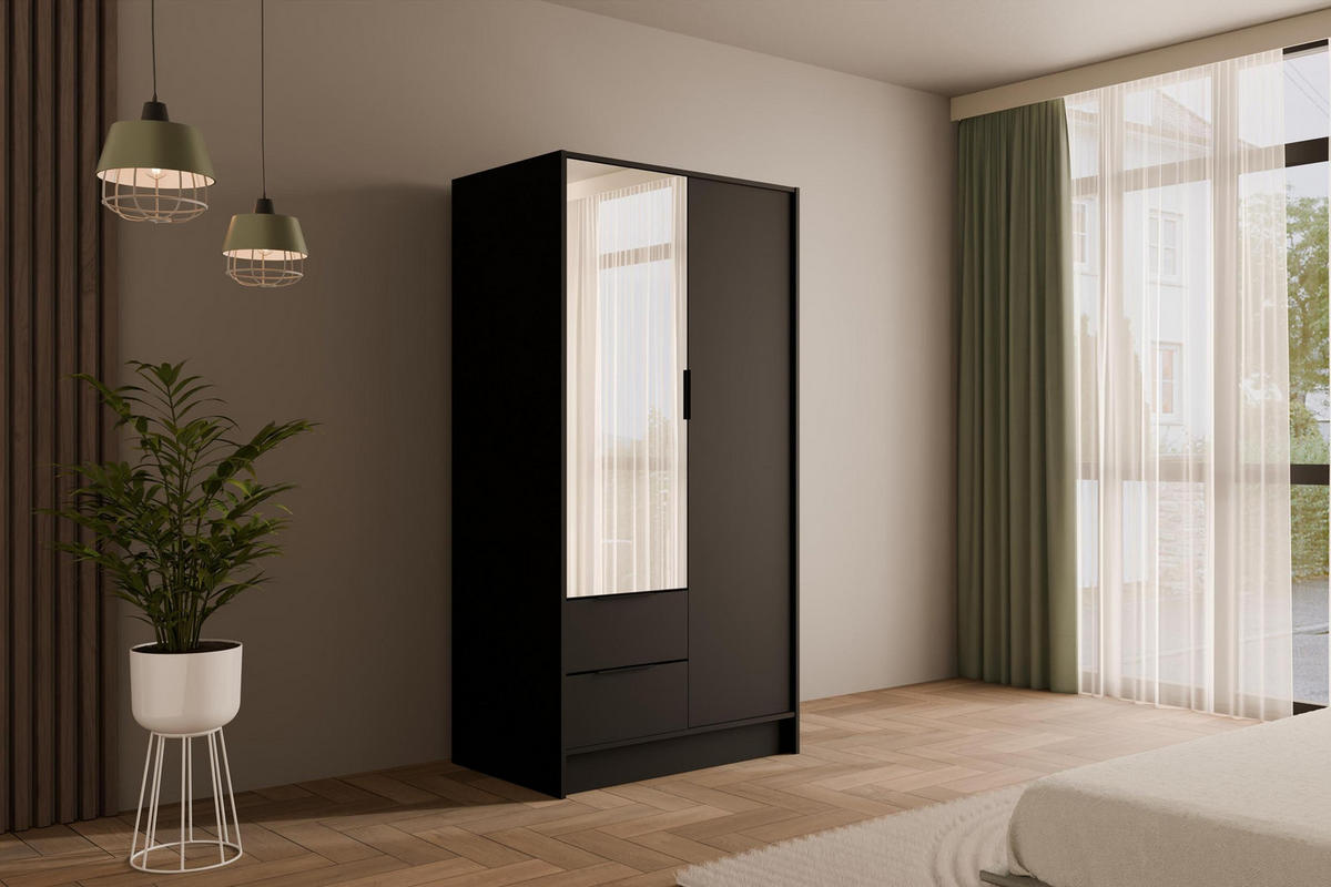 KLEIDERSCHRANK mit Spiegel und Flügeltüren KOLIN 100x200cm Schwarz - Schwarz, Holzwerkstoff (102/200/51cm) - ALTDECOR