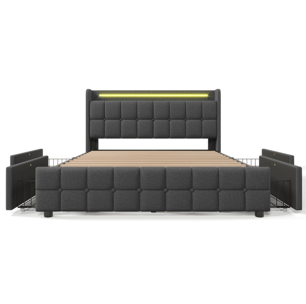 POLSTERBETT 180/200 cm Grau mit LED-Beleuchtung, USB-Anschlüssen und 4 Schubladen - Grau, Holz (180/200cm) - Flora Grace