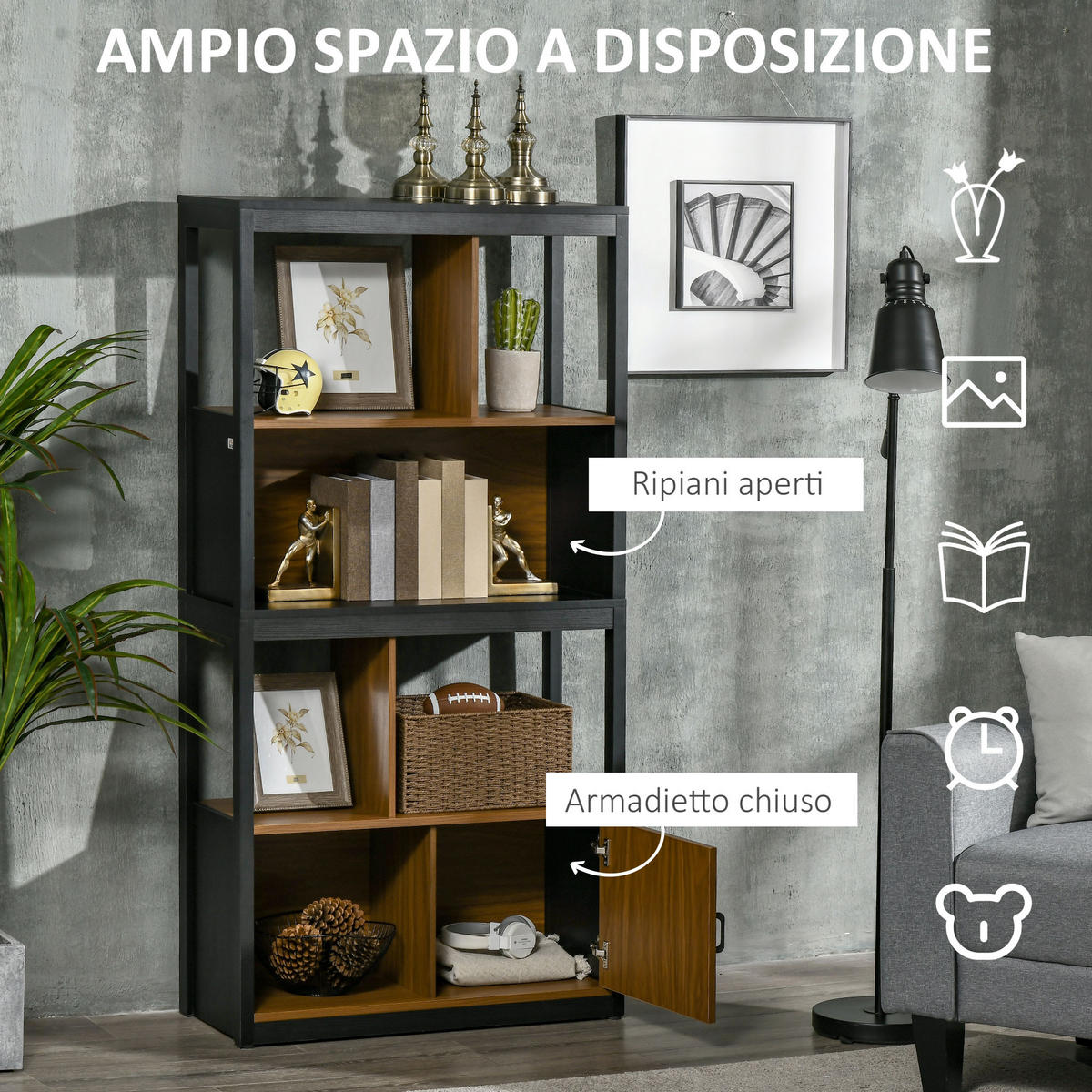 BÜCHERREGAL,OFFEN 4 Ebenen Schrankfach 76,5x30x150cm,braun-schwarz - Schwarz, Holzwerkstoff (76.5/150/30cm) - Vallsero