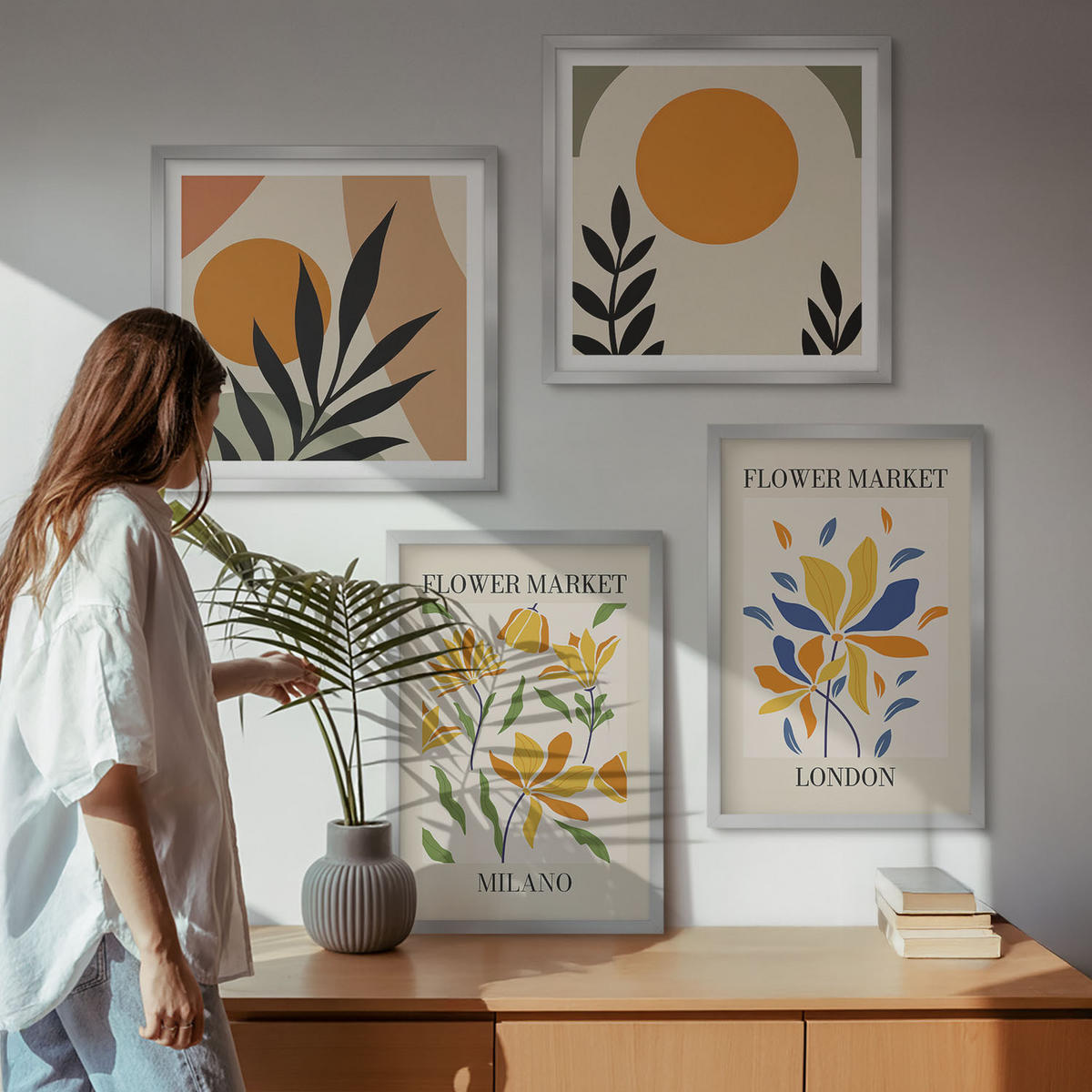 WANDBILDER 4er Set - 50x50 cm & 40x60 cm Silberner Rahmen - Blumenposter Paris Mailand - Silberfarben, Kunststoff (50/50cm) - ArtPrintCave