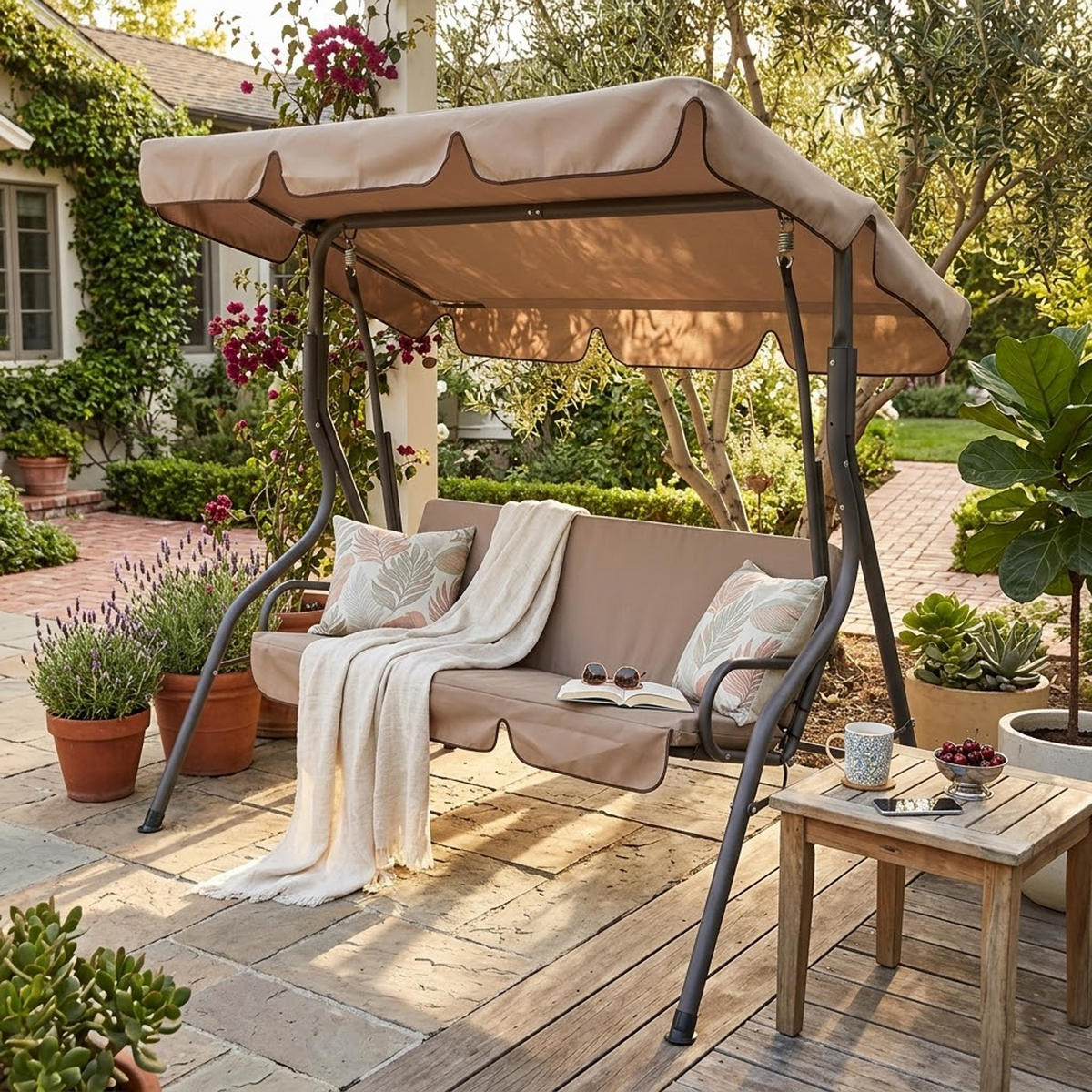 HOLLYWOODSCHAUKEL Florenz, 3-Sitzer, 170 cm, Farbe: creme / grau - Braun, Metall (170/153/110cm) - TPFGarden