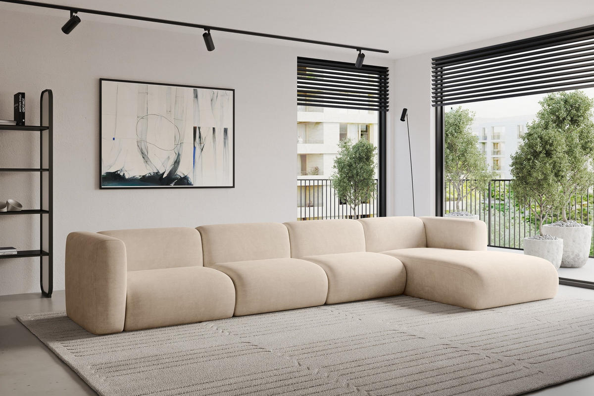 ECKSOFA Ottomane Rechts MIRA-L3 409x179x70 Beige Velours - Greige/Beige, Holzwerkstoff/Kunststoff (409/179cm) - ALTDECOR