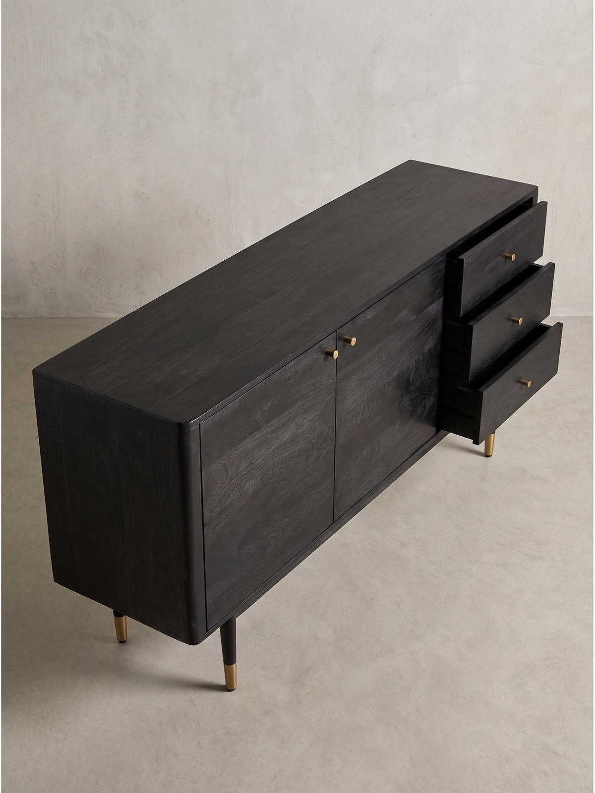 KOMMODE PANAREA, Akazie Massivholz, mit Stauraum, Schwarz, 160 x 42 x 81 cm - Schwarz, Holz/Metall (160/81/42cm) - KADIMA DESIGN