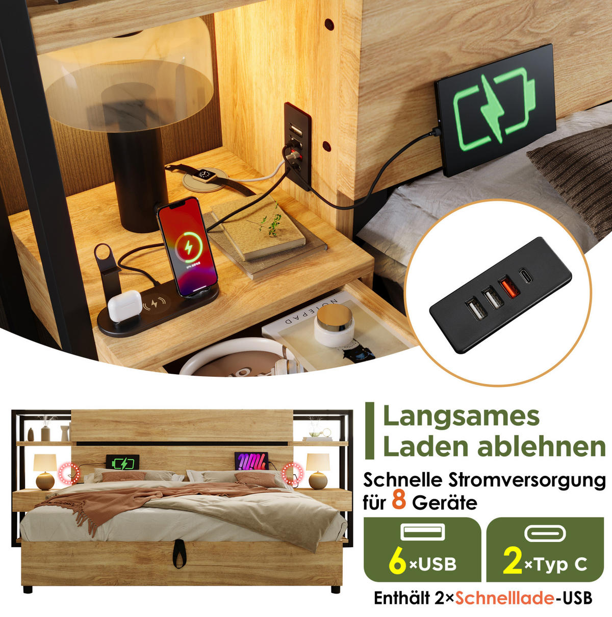 BRAČNI krevet 180/200 cm hrast boje od MDF-a i metala s prostorom za odlaganje i USB punjenjem - boje hrasta, drvni materijal (180/200cm) - OKWISH