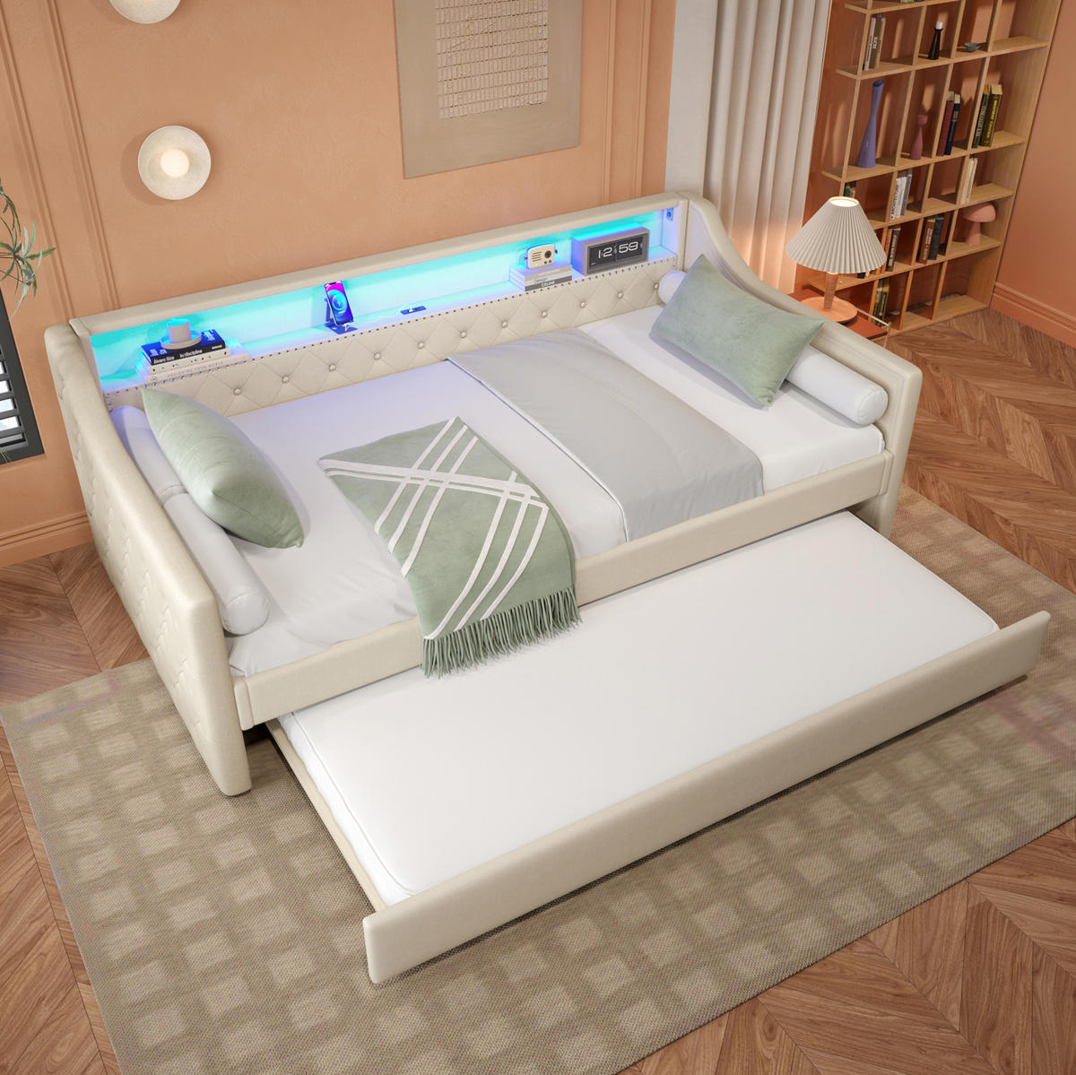 POLSTERBETT 90/200 cm in Beige mit LED-Beleuchtung und USB-Anschlüssen - Beige, Textil (90/200cm) - Flora Grace