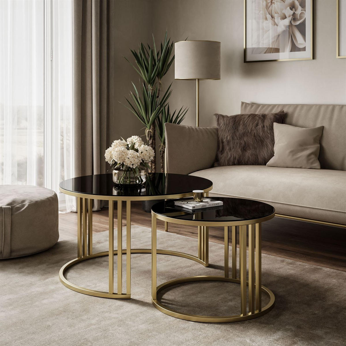 COUCHTISCH 2in1 LORI GLASS gebürstetes Gold, gebürstetes Gold / schwarzes Glas - Schwarz, Metall (70/70/43cm) - Lookway