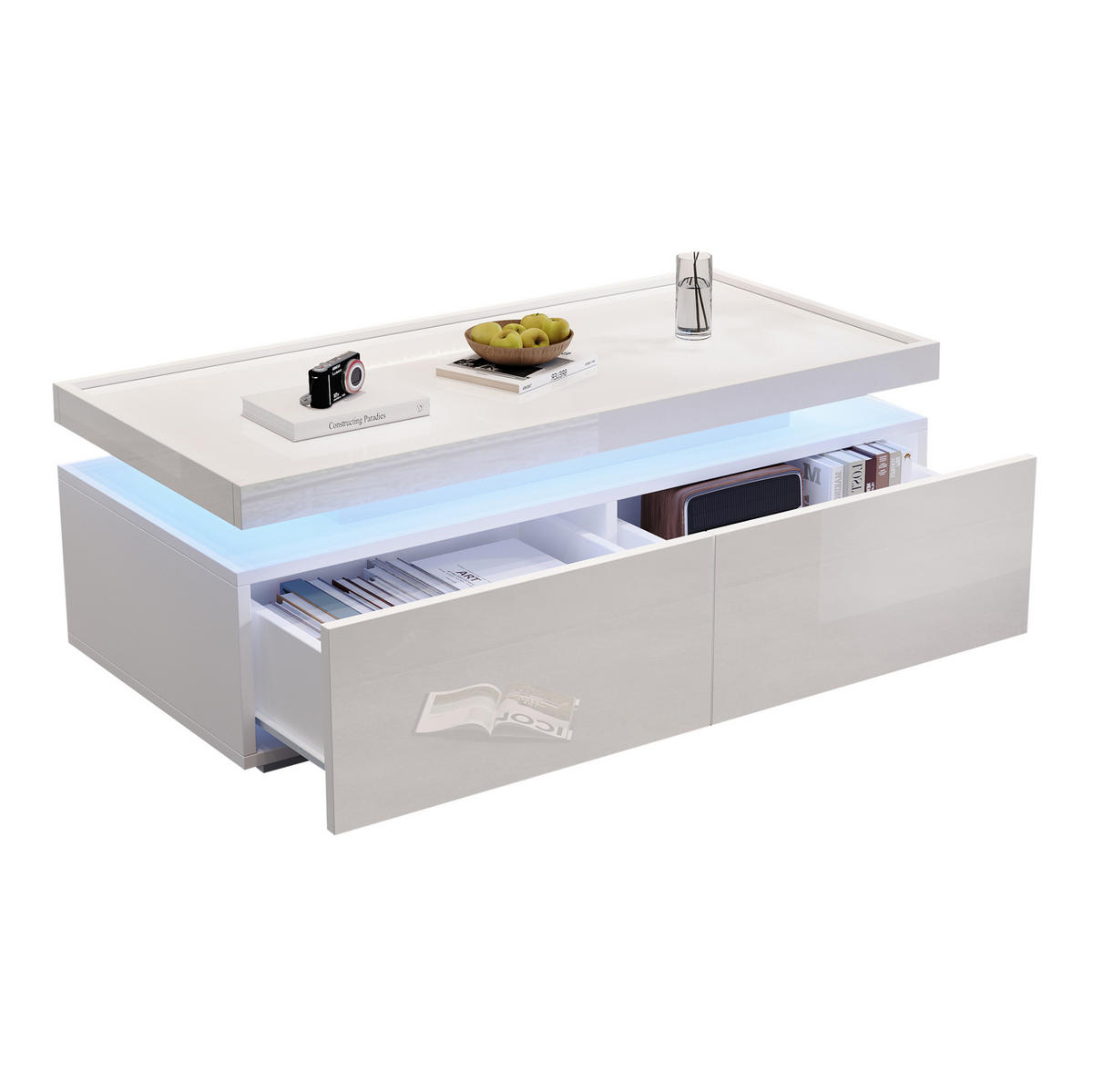 COUCHTISCH 95/45/35 cm mit LED-Beleuchtung, 2 Schubladen und halboffener Ablage, Hochglanz-Design, Weiß - Weiß, Holzwerkstoff (95/45/35cm) - Redom