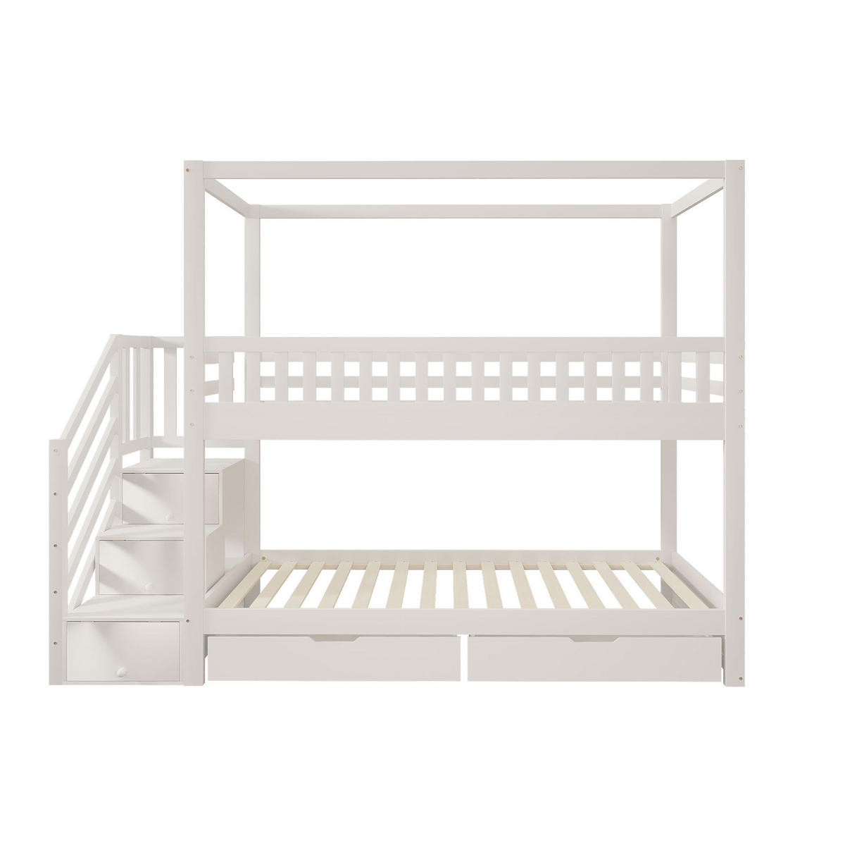 ETAGENBETT 90/200 cm mit Sicherheitsleiter, Schubladen und Hausform, Weiß - Weiß, Holzwerkstoff (90/200cm) - Redom