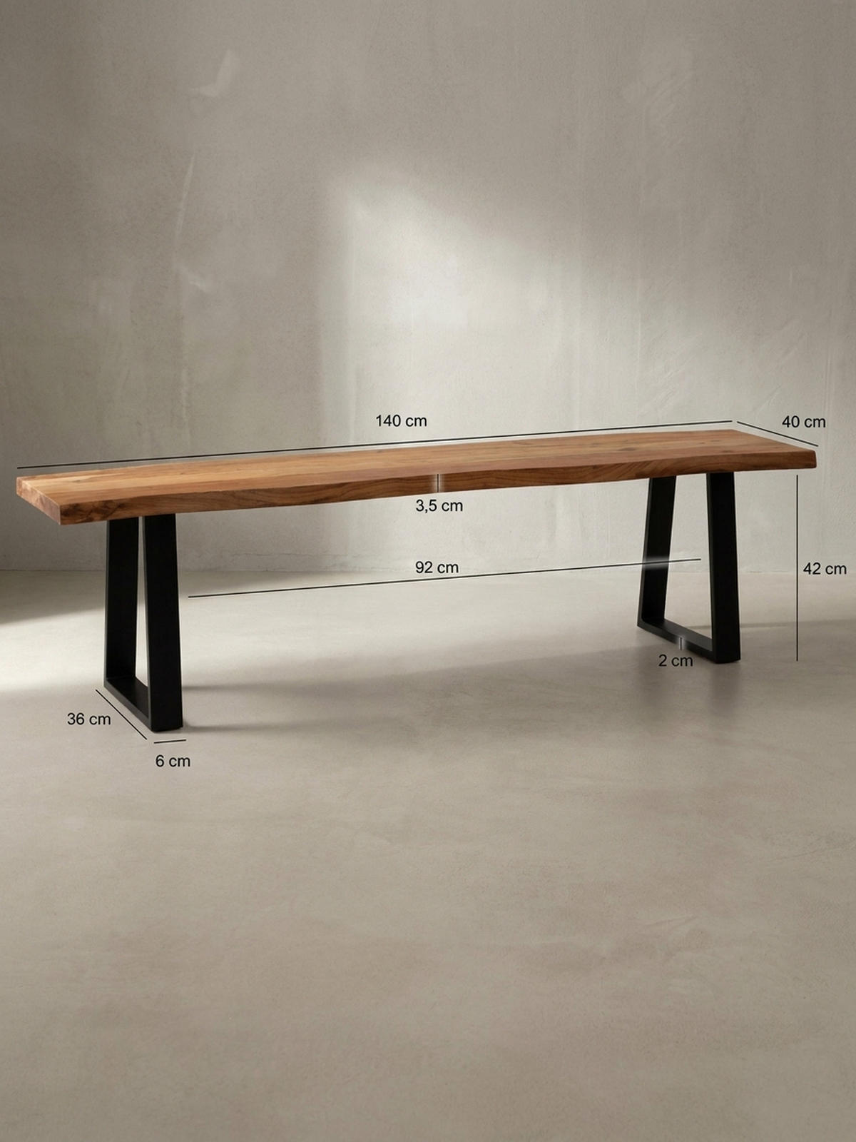 ESSZIMMERBANK Massivholz Metall Baumkante ohne Lehne, Akazie 140x40x46 cm - Schwarz/Braun, Holz/Metall (140/46/40cm) - KADIMA DESIGN