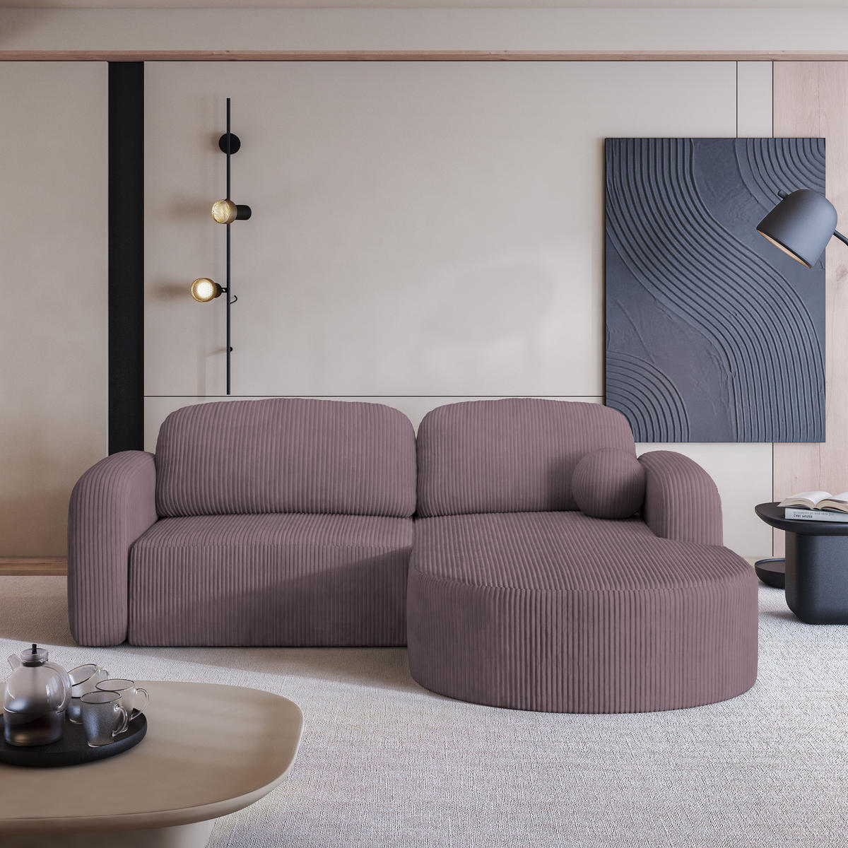 ECKSOFA AMILIA P R-S Lila Kordstoff mit Schlaffunktion - Lila, Holz (263/174cm) - MASSENO