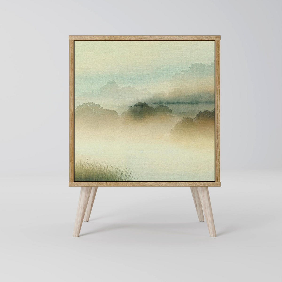 SIDEBOARD MORNING BY THE LAKE, Grau, 57,5x42x75,5 cm, Goldfarbene Metallfüße - Goldfarben/Multicolor, Holzwerkstoff/Metall (57.5/75.5/42cm) - SpaceRebels