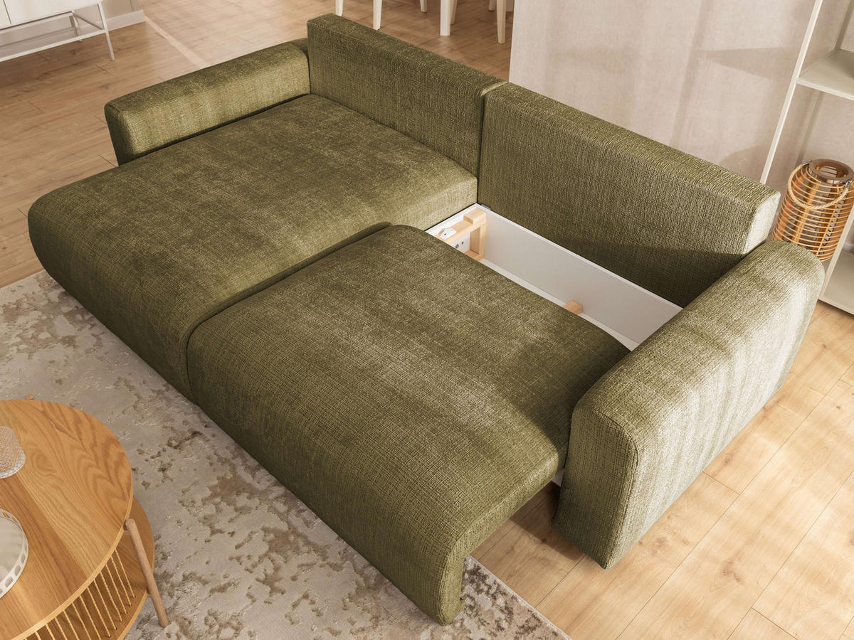 ECKSOFA Calma mit Schlaffunktion und Bettkasten im Bumpy-Design aus weichem Grün Chenille-Stoff - Ottomane links - Beige/Schwarz, Holz/Kunststoff (140/239cm) - S-Style Möbel