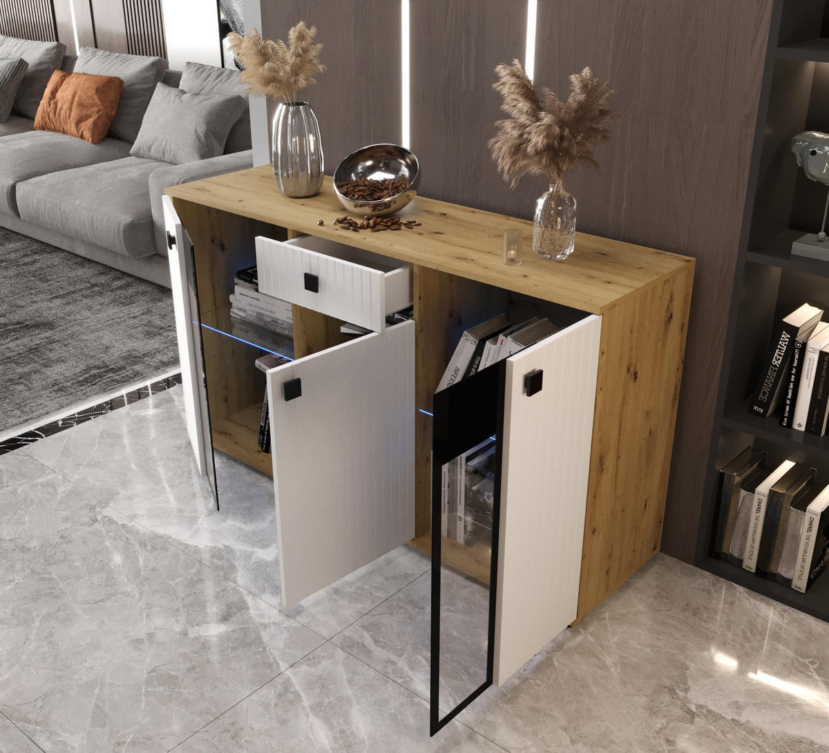 KOMMODE London LSMK LAMELE mit 3 Türen, Sideboard in Farbe: Weiß|Braun, Größe: 140 x 80 x 40 cm - Weiß/Braun, Holzwerkstoff (140/80/40cm) - O-Sofa