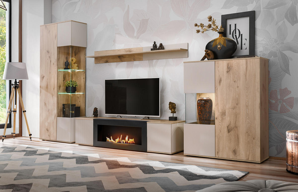 VITRINE Eiche, Kaschmir 90 x 120 cm, Highboard inklusive LED-Beleuchtung - Kaschmir/Eichefarben, Glas/Holzwerkstoff (90/40/120cm) - Inn.Furn