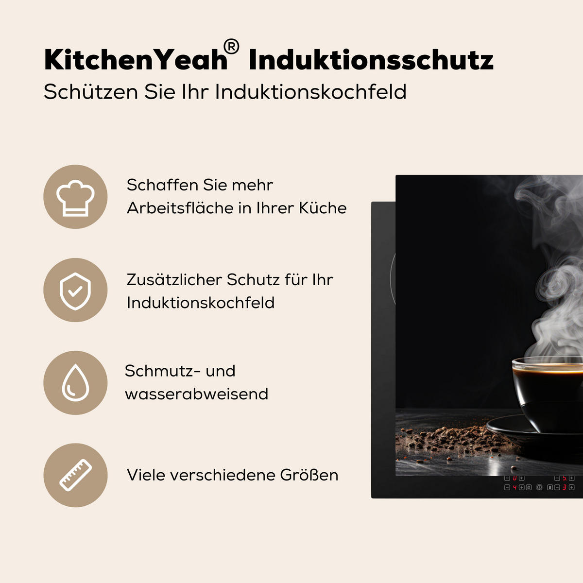 HERDABDECKPLATTE Kaffee - Schwarz - Bohnen - Heiß - Tasse Abdeckung Ceranfeld 59x51 cm - Schwarz, Kunststoff (59/51/0.2cm) - MuchoWow