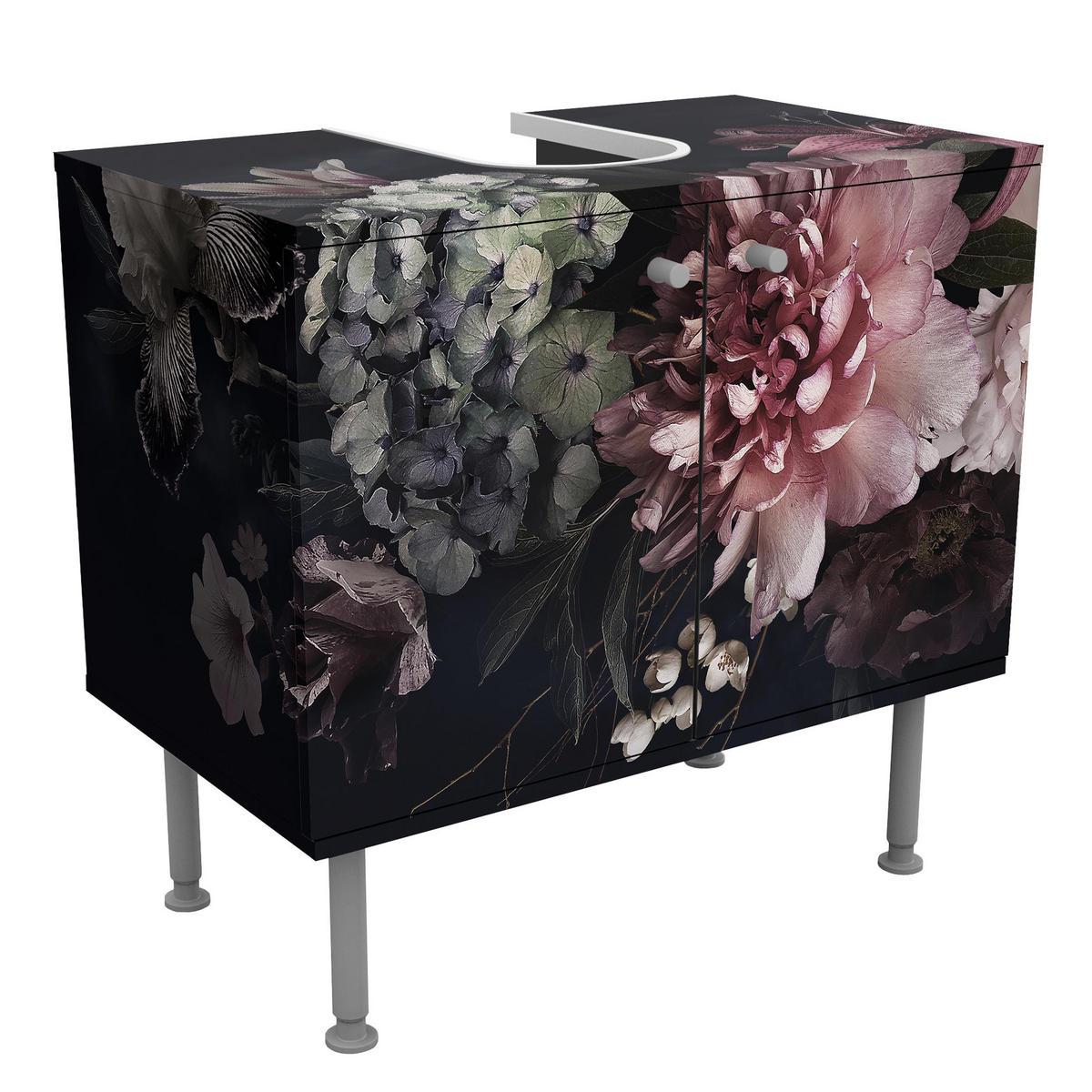 WASCHBECKENUNTERSCHRANK Blumen mit Nebel auf Schwarz 60/55/35 cm - Schwarz, Holzwerkstoff (60/55/35cm) - Bilderwelten