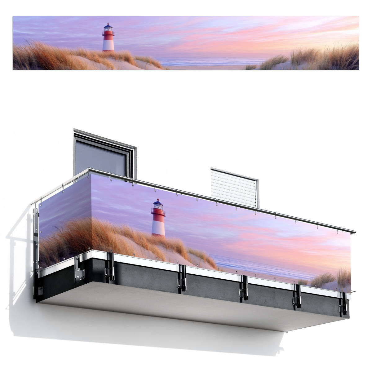 BALKON-SICHTSCHUTZ Leuchtturm - Dünen - Sonnenuntergang 500x75 cm - Hellrosa, Kunststoff (500/75cm) - MuchoWow