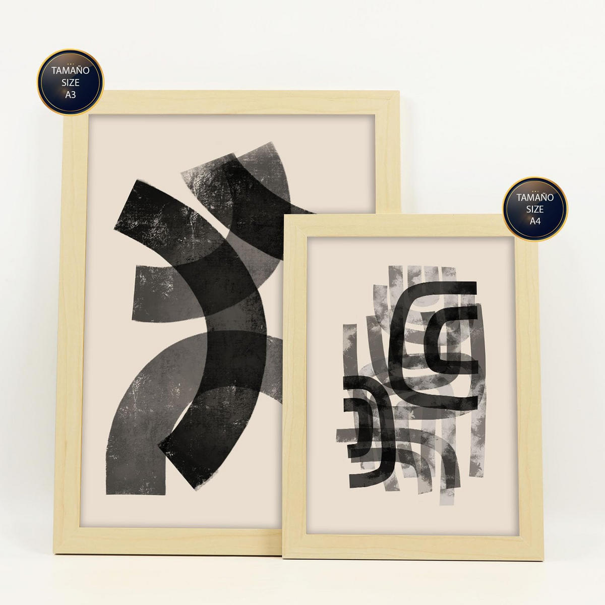 POSTER Set Mit 6 Gekrümmte Frames 1 In Form Abstracts Ästhetische Dekorative Gemälde Für Ihr Wohnzimmer Zuhause A3 & A4 Rahmen Aus Hellem Holz - Beige, Papier (29/3cm) - Nacnic