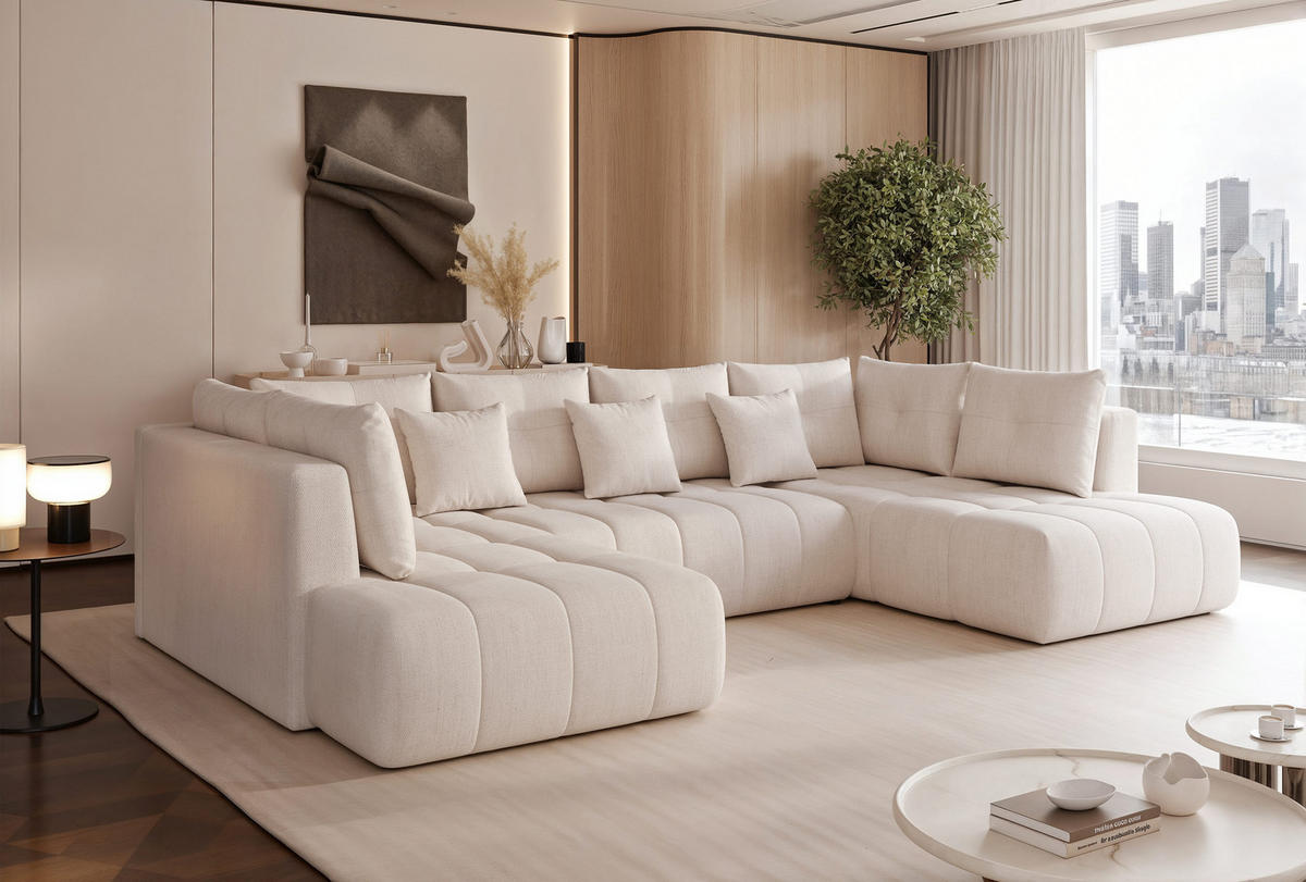 WOHNLANDSCHAFT STONE mit Schlaffunktion und Bettkasten, Stoff Beige - Beige, Kunststoff/Textil (350/91/190cm) - Idohome