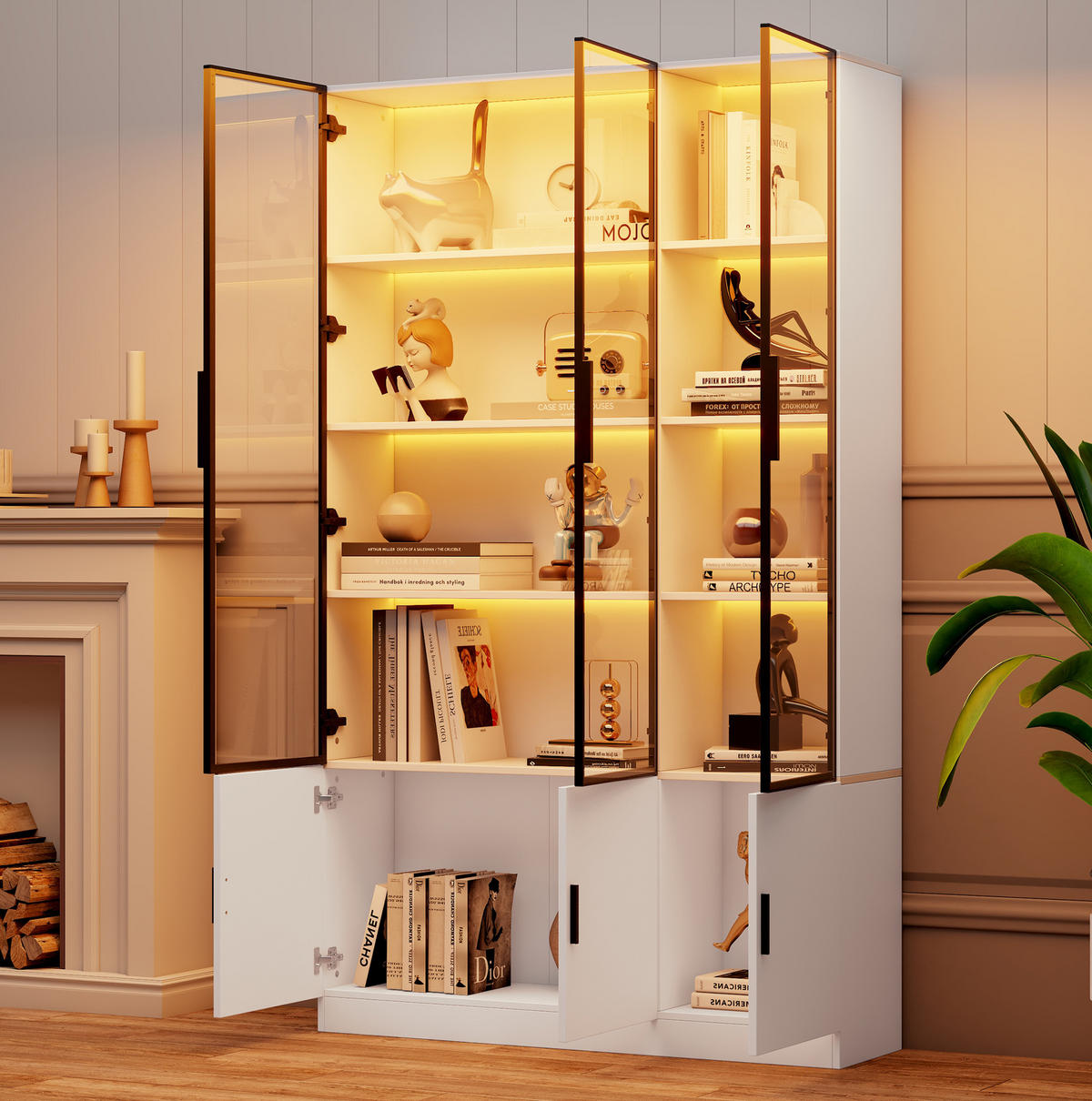 VITRINA, 120/32/200 cm, MDF/staklo bijela, s LED rasvjetom i 6 vrata - bijela, drvni materijal (120/200/32cm) - BEAOK