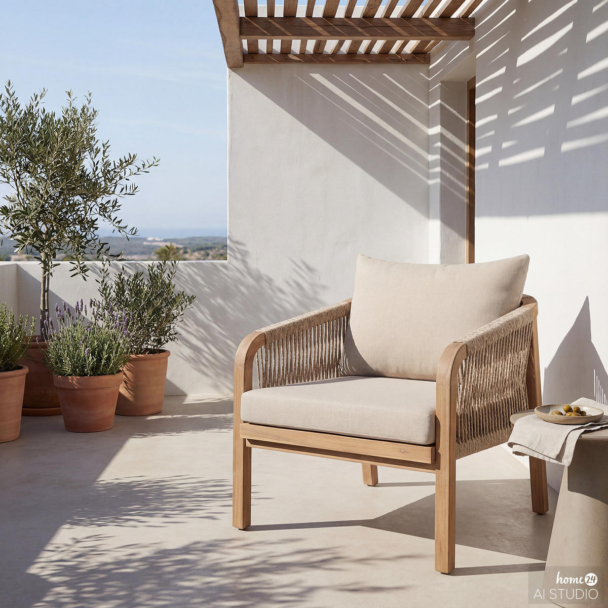 LOUNGESESSEL - Akazie massiv / Webstoff - Akazie Braun / Beige - Beige, Holz/Textil (68/69/80cm) - home24