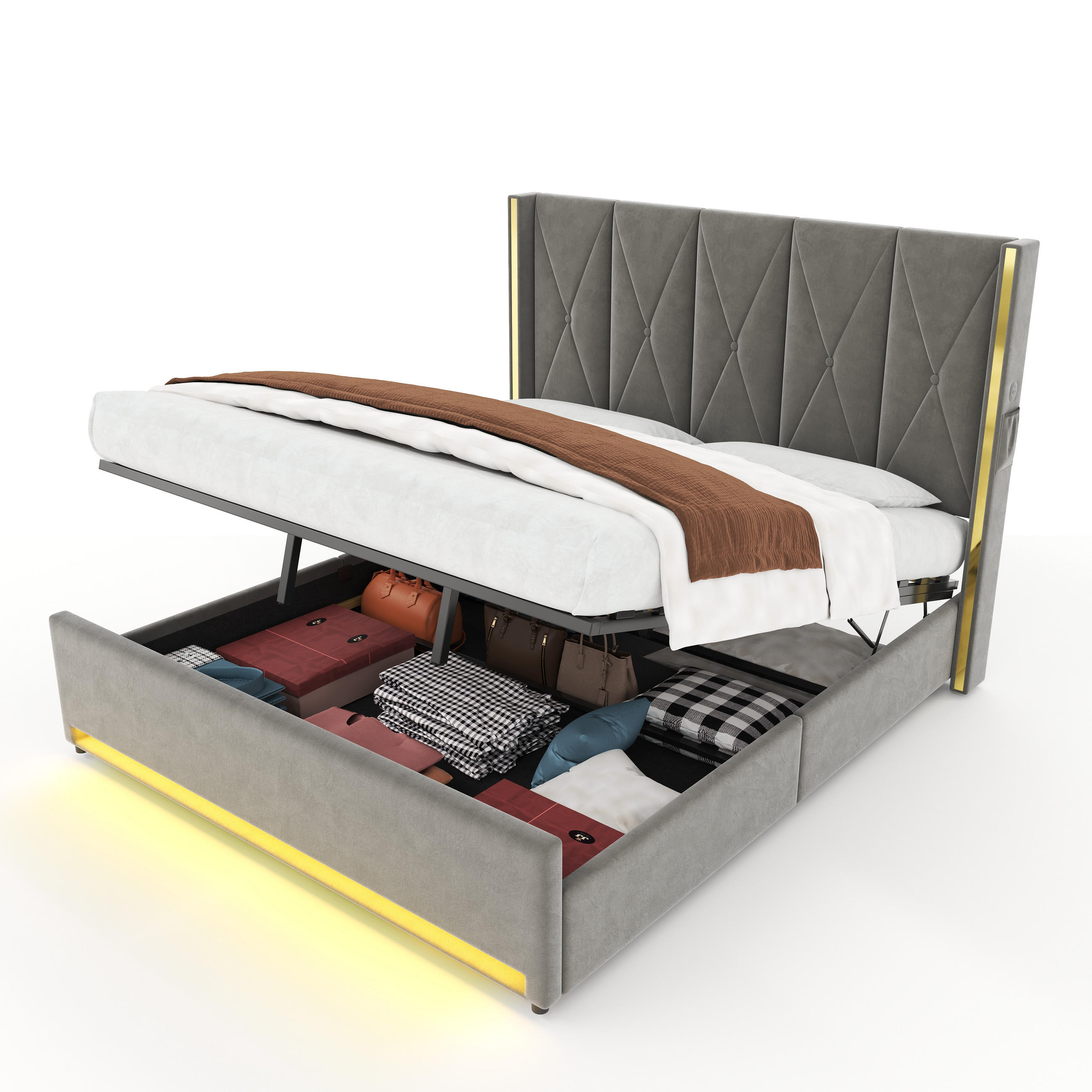 POLSTERBETT 180/200 cm in Dunkelgrau mit Bettkasten, Seitentaschen, LED und USB/Type-C Samt - Dunkelgrau, Holzwerkstoff/Textil (180/200cm) - STILVORA