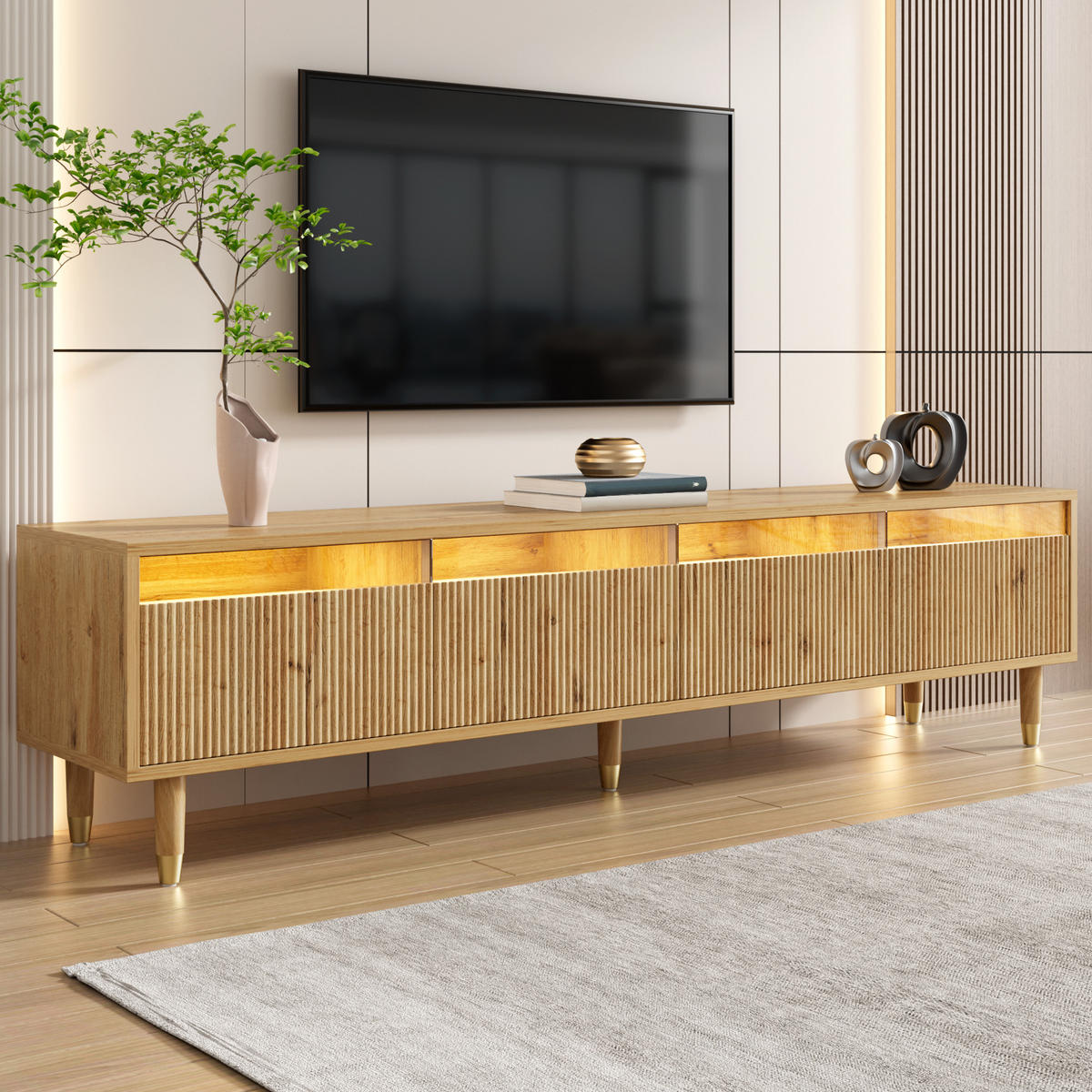 TV-SCHRANK 178/35/45 cm Holzoptik mit 4 Schubladen aus MDF und Acryl, minimalistisches Design - Naturfarben, Holzwerkstoff (178/45/35cm) - OKWISH