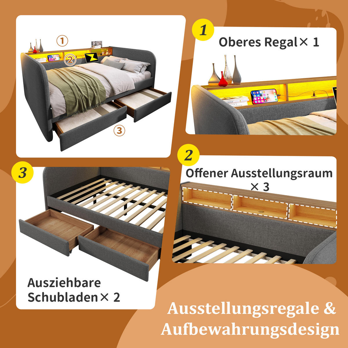 POLSTERBETT 140/190 cm Grau mit LED und USB-C-Ladefunktion mit 2 Schubladen - Grau, Textil (140/190cm) - OKWISH