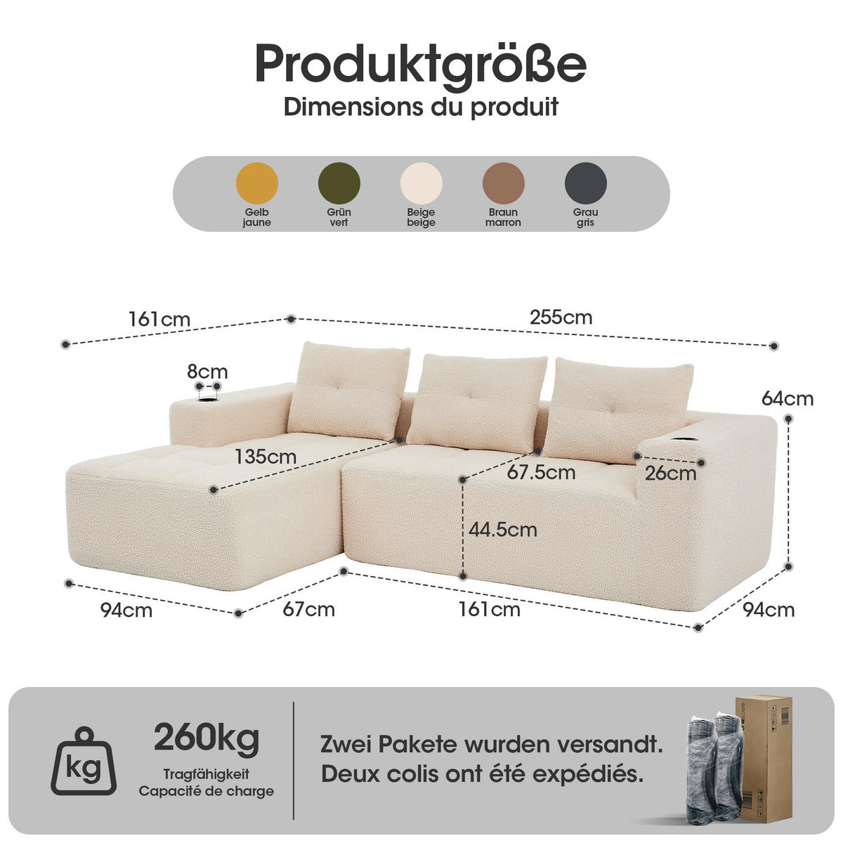 ECKSOFA 5-Sitzer Polyester Beige mit Becherhaltern - Beige, Textil (258/163cm) - WISHDOR