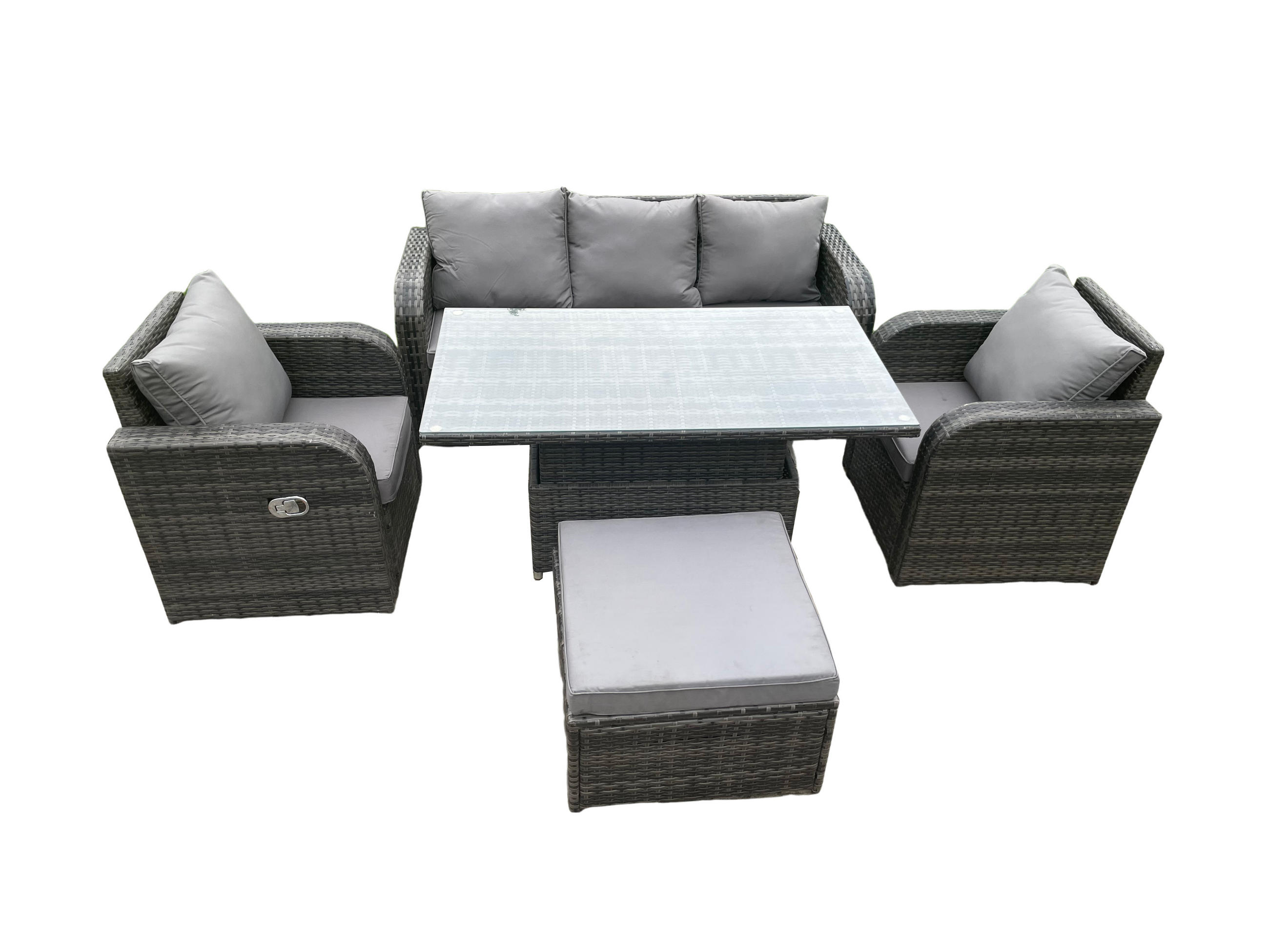 SITZGRUPPE Polyrattan 6-Sitzer - Dunkelgrau/Grau, Glas/Kunststoff - Fimous