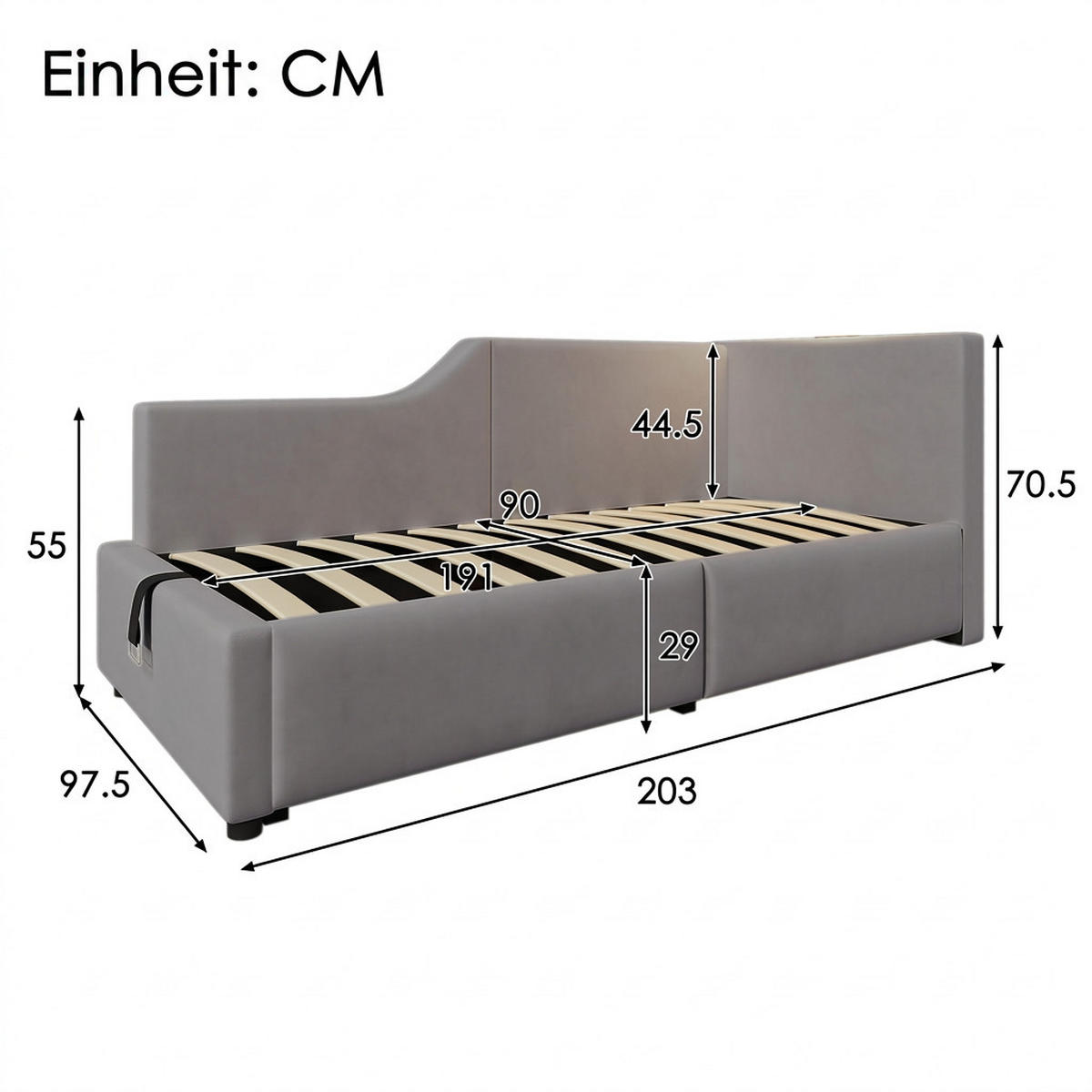 POLSTERBETT 90/190 cm Grau mit Leselichtfunktion und USB-C-Ladefunktion - Grau, Textil (90/190cm) - Oxeza