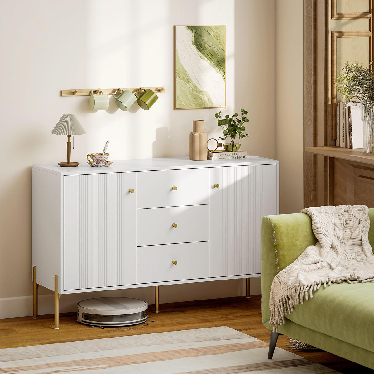 SIDEBOARD Weiß, 2 Türen, 3 Schubladen, 120/39,1/76 cm - Weiß, Holz (120/76/39.1cm) - PANGIVO