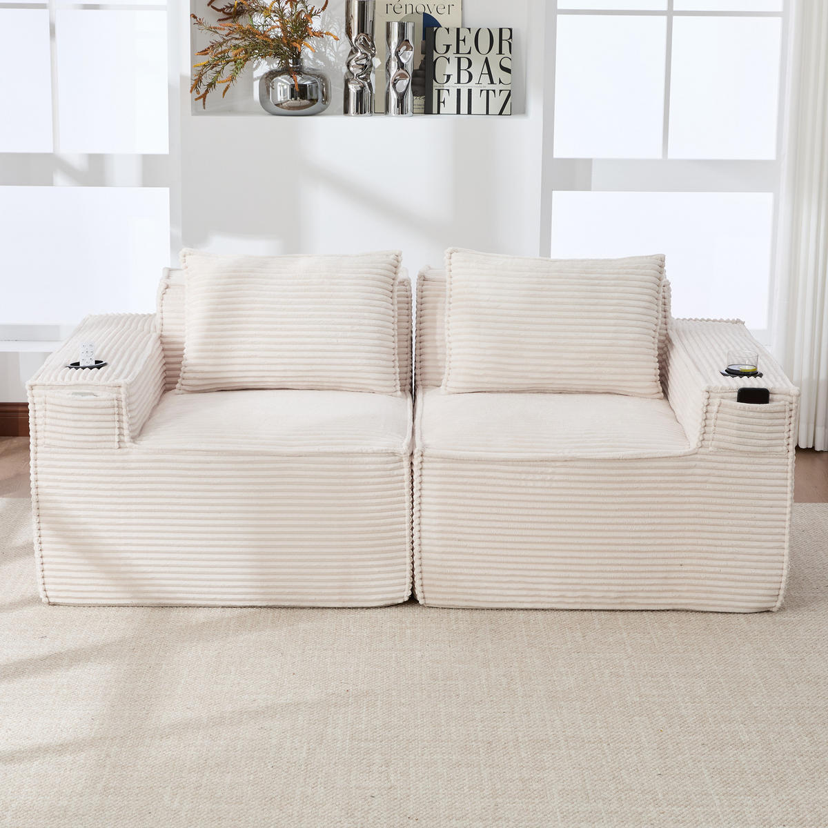 2-SITZER-SOFA DE-33835 modular mit Getränkehaltern Beige - Beige, Textil (188/75/90cm) - ComfortXL