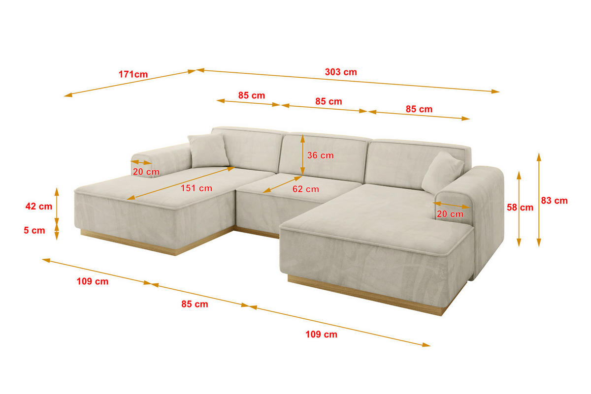 WOHNLANDSCHAFT IREA-U1-v2 - 303x171x83 cm Dunkelgrau - Ecru, Holzwerkstoff/Textil (303/83/171cm) - ALTDECOR